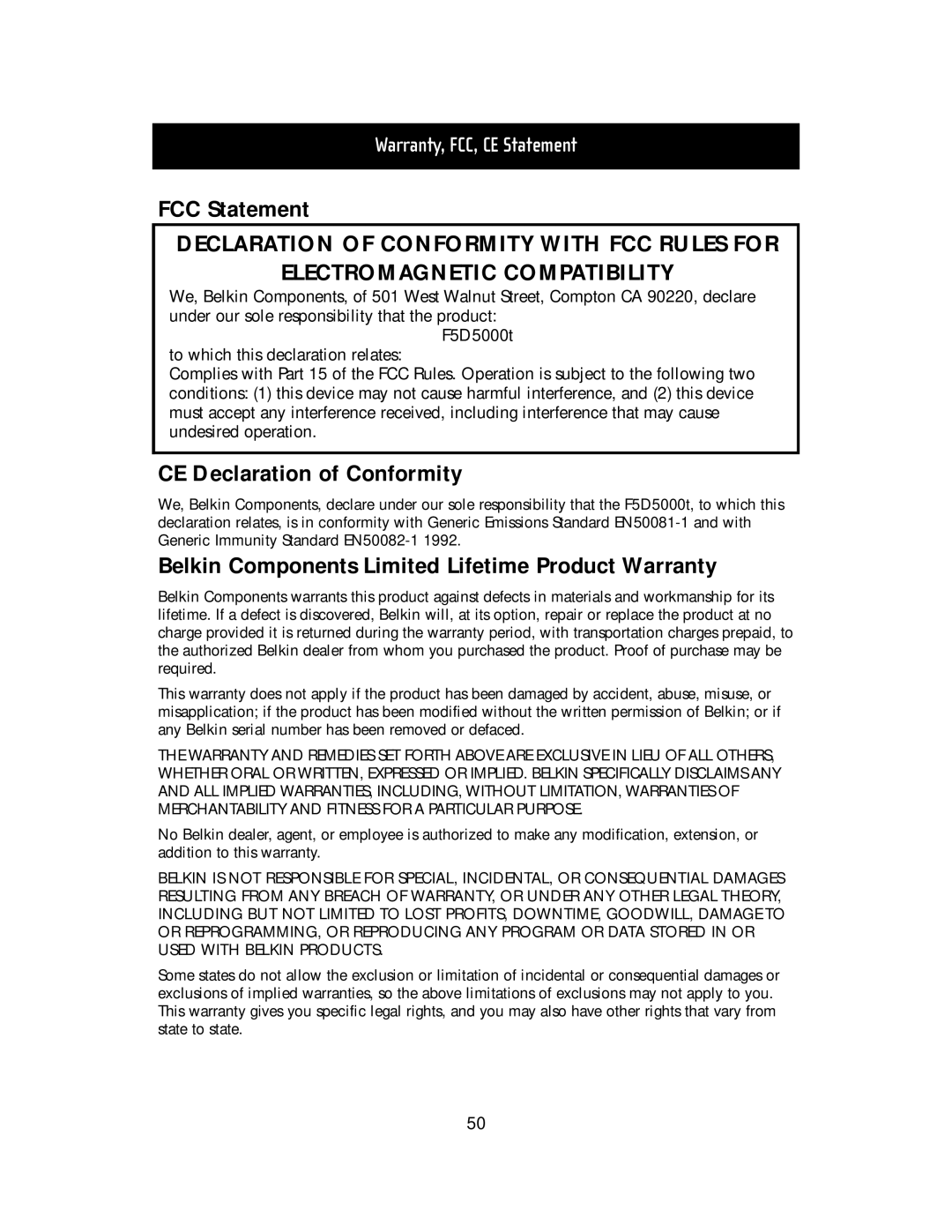 Belkin F5D5000t manual FCC Statement DECLARATION OF CONFORMITY WITH FCC RULES FOR, Electromagnetic Compatibility 