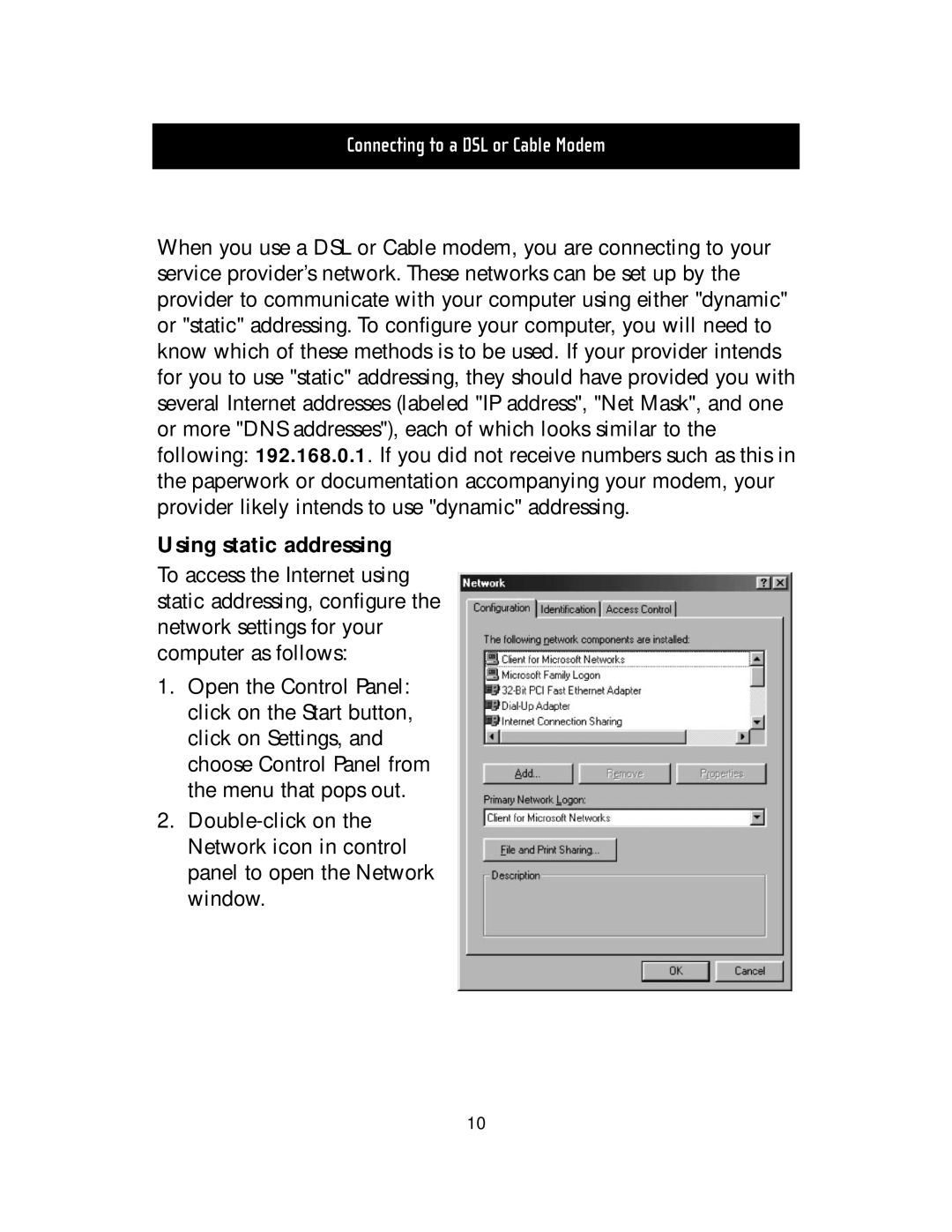 Belkin F5D5000t manual Using static addressing 