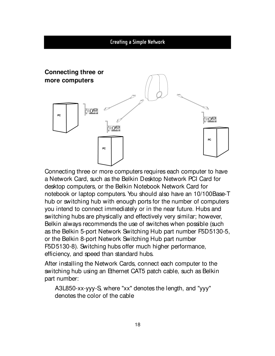 Belkin F5D5000t manual Connecting three or more computers 