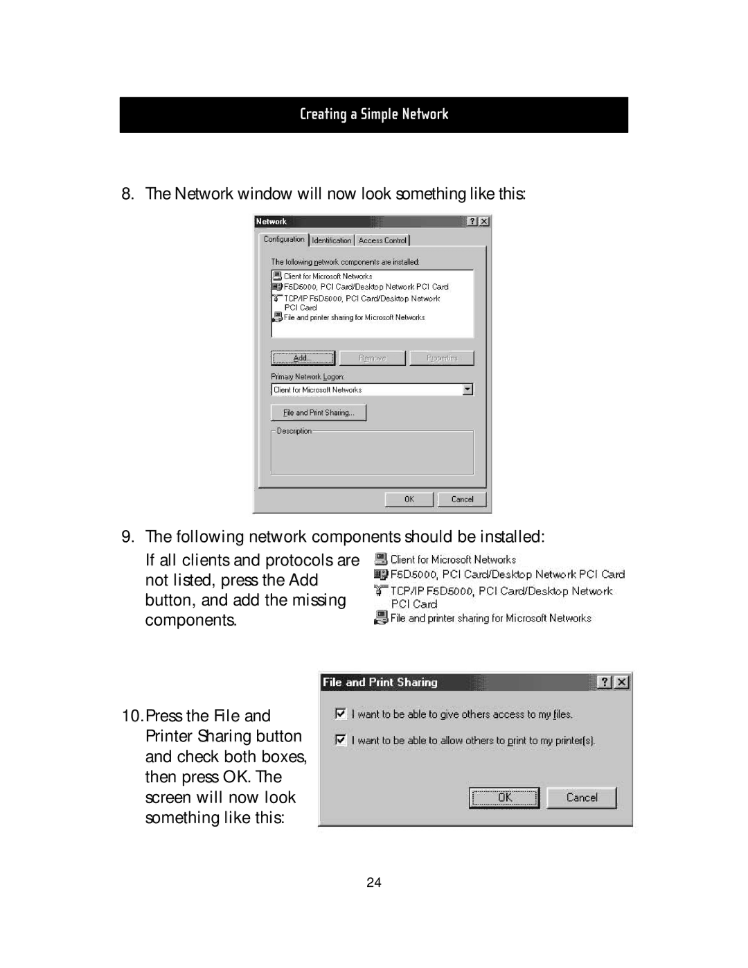 Belkin F5D5000t manual Creating a Simple Network 