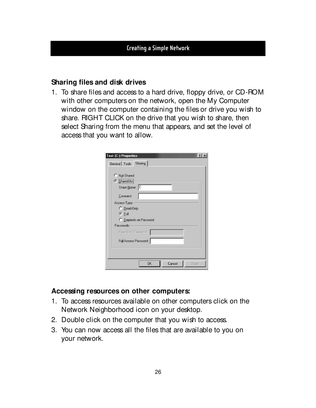 Belkin F5D5000t manual Sharing files and disk drives, Accessing resources on other computers 