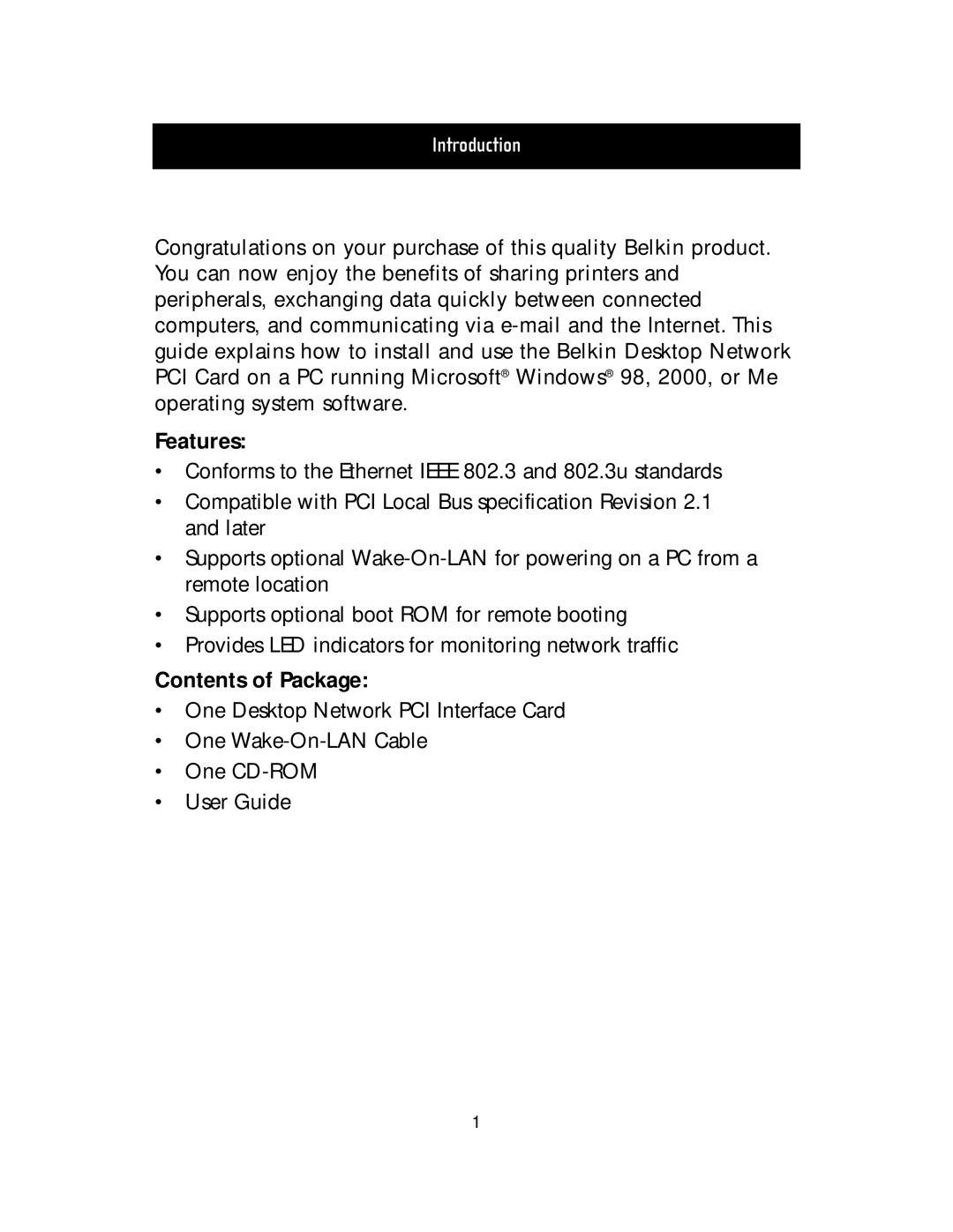 Belkin F5D5000t manual Features, Contents of Package 