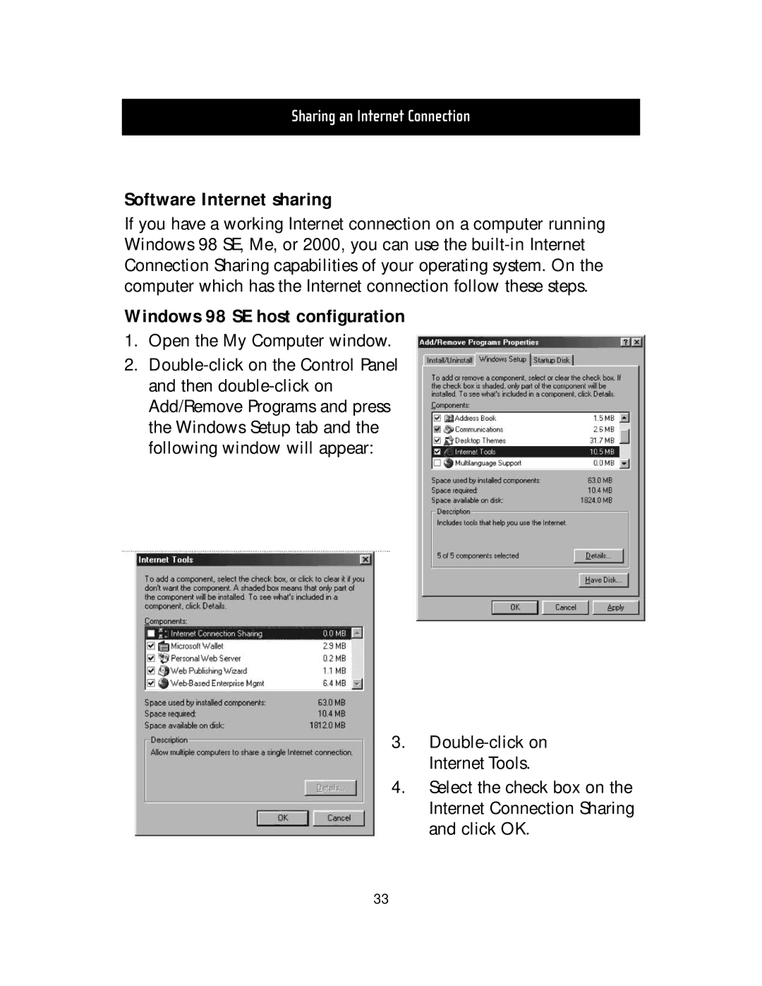 Belkin F5D5000t manual Software Internet sharing, Windows 98 SE host configuration 