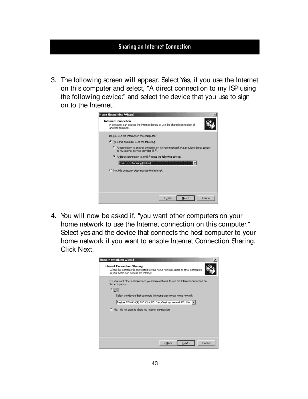 Belkin F5D5000t manual Sharing an Internet Connection 