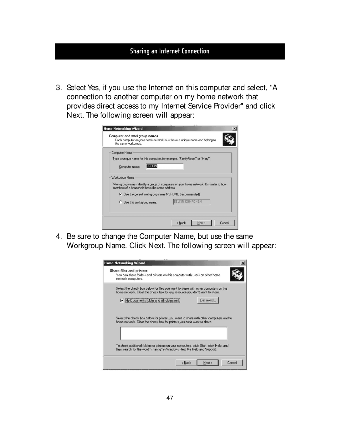 Belkin F5D5000t manual Sharing an Internet Connection 