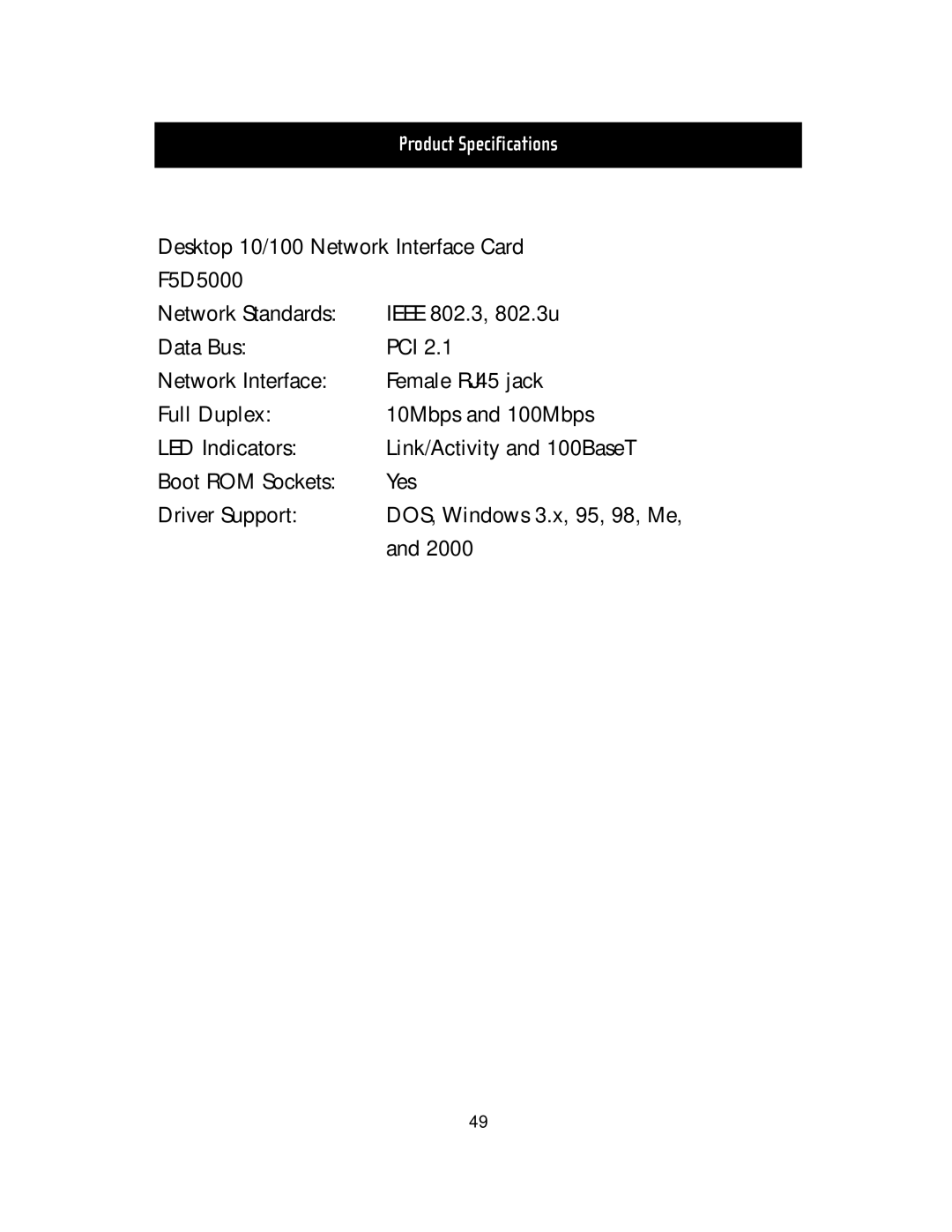 Belkin F5D5000t manual Product Specifications 