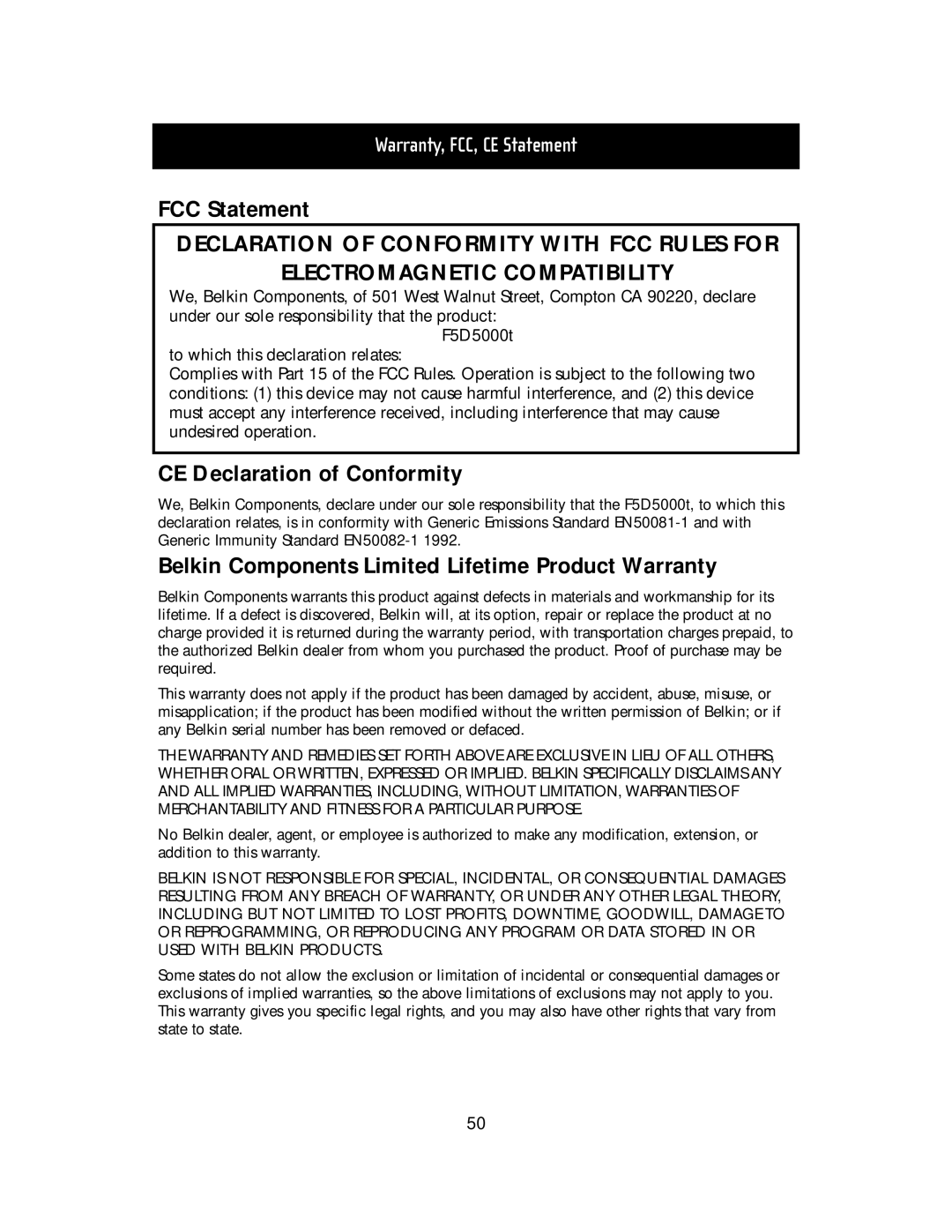 Belkin F5D5000t manual FCC Statement, CE Declaration of Conformity, Belkin Components Limited Lifetime Product Warranty 