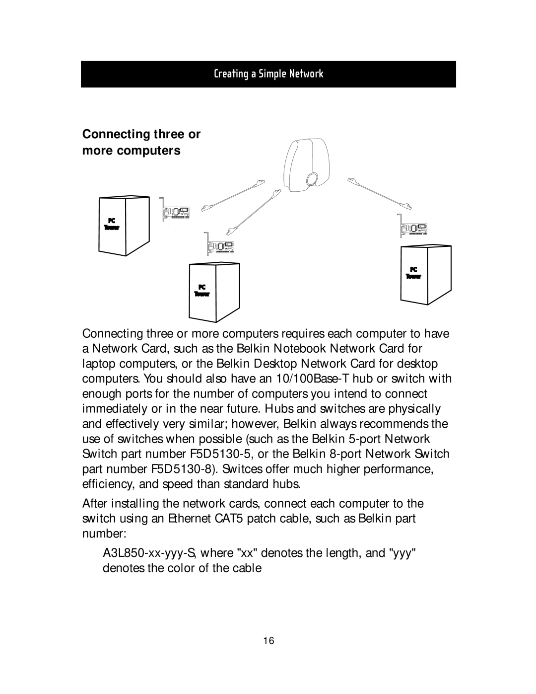 Belkin F5D5020T manual Connecting three or more computers 