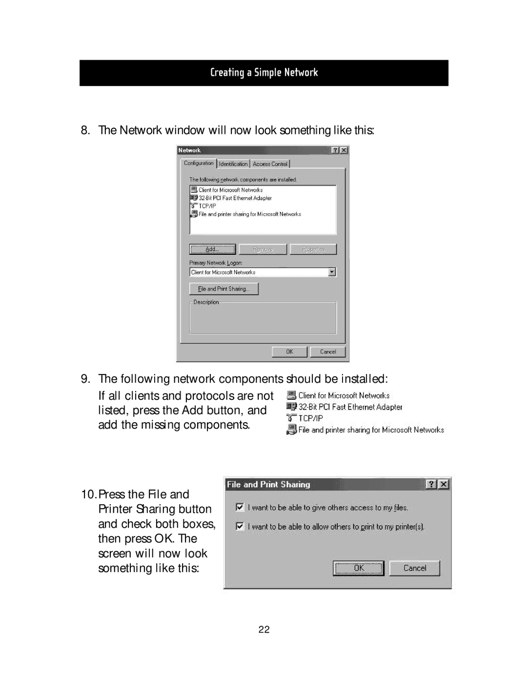 Belkin F5D5020T manual Creating a Simple Network 