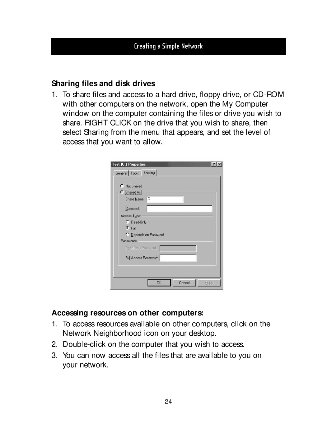 Belkin F5D5020T manual Sharing files and disk drives, Accessing resources on other computers 