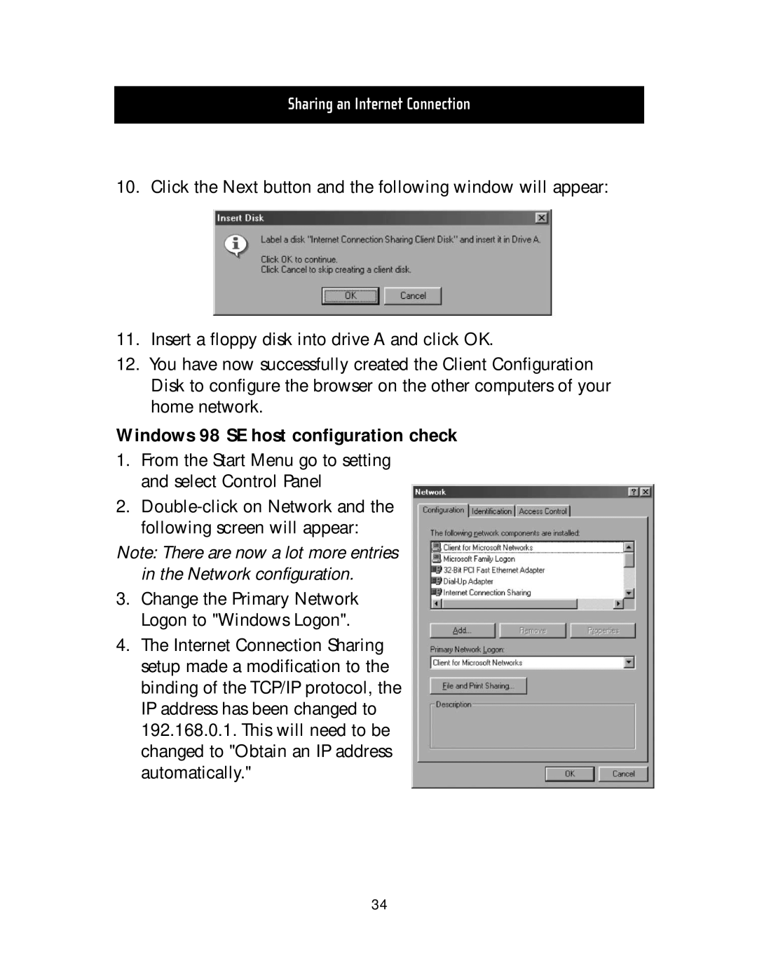 Belkin F5D5020T manual Windows 98 SE host configuration check 