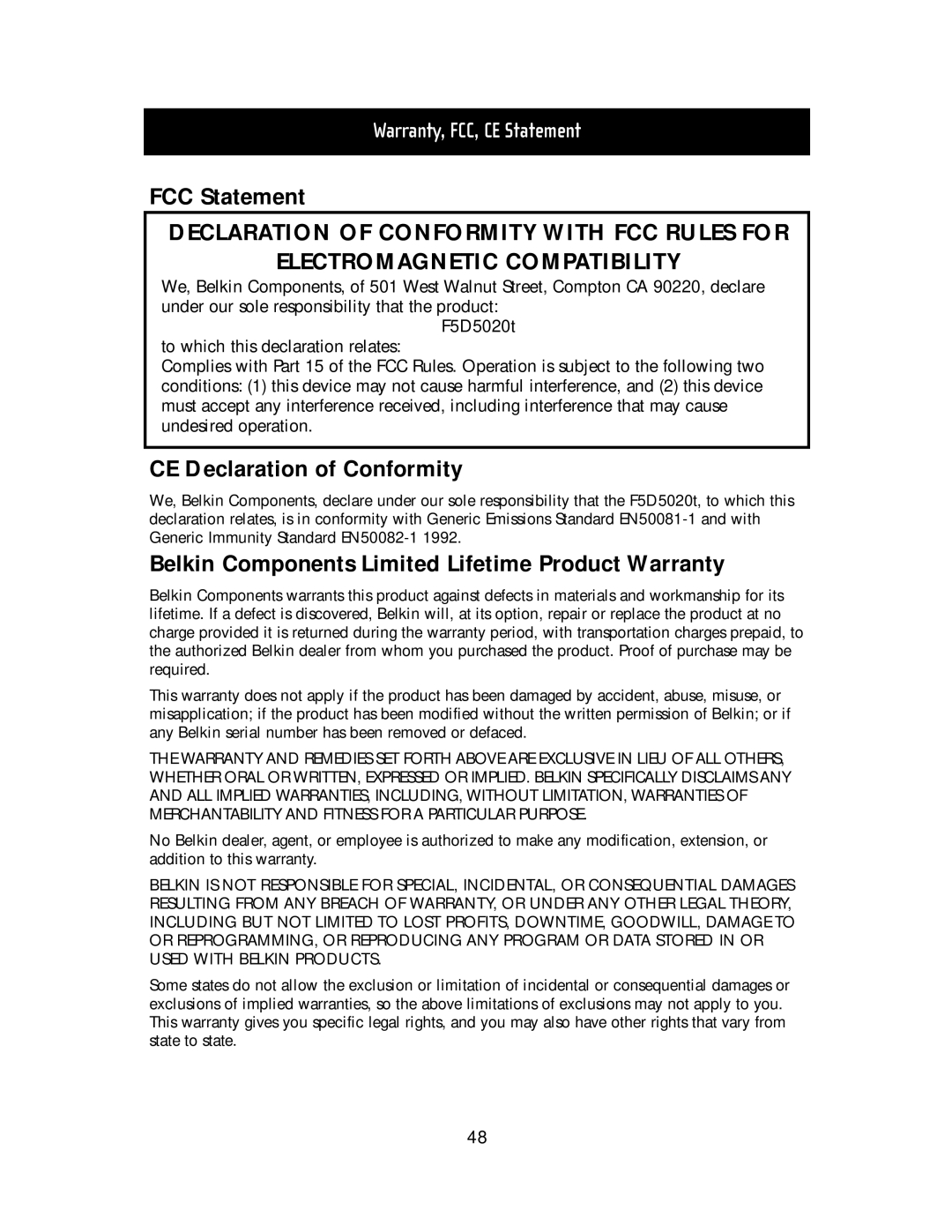 Belkin F5D5020T manual FCC Statement, CE Declaration of Conformity, Belkin Components Limited Lifetime Product Warranty 