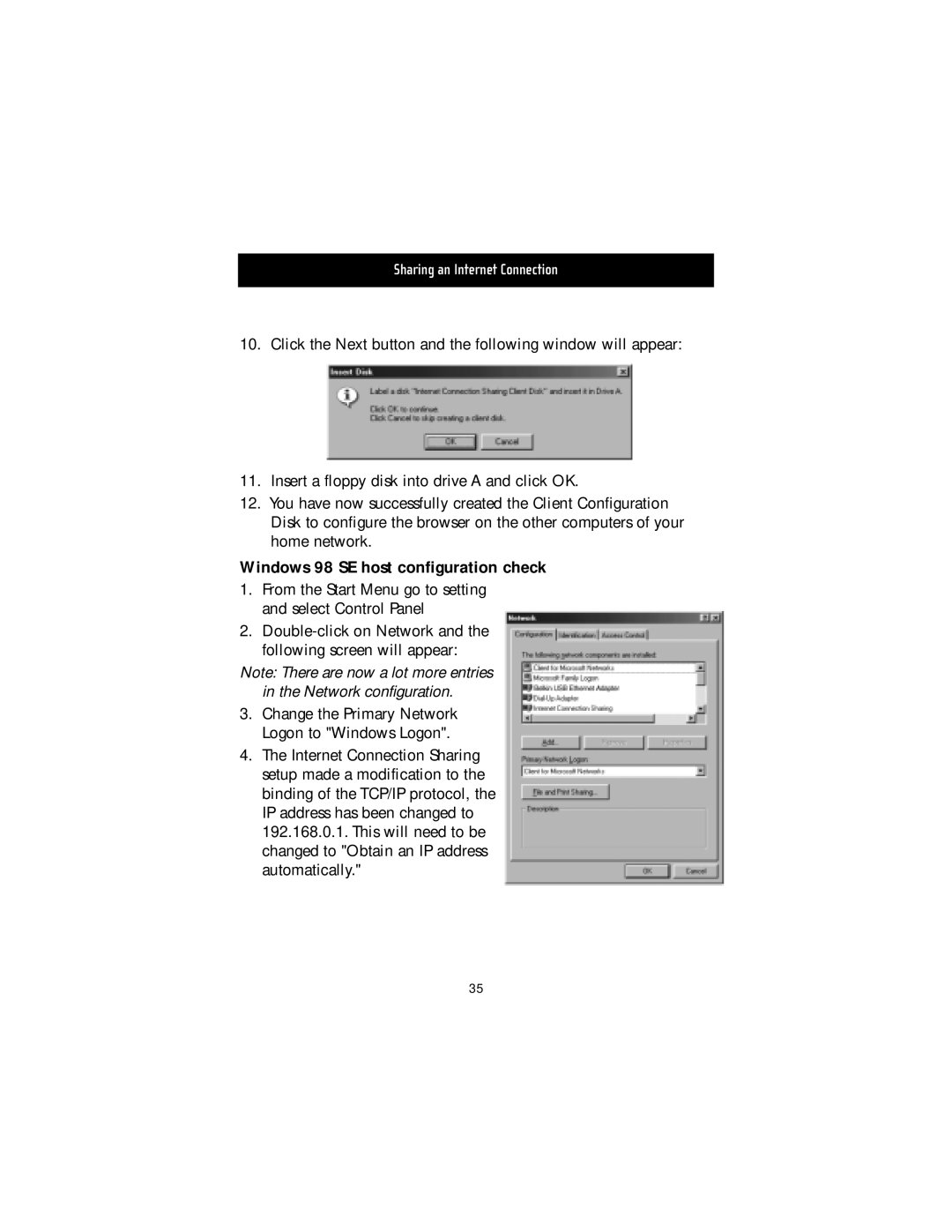 Belkin F5D5050 manual Windows 98 SE host configuration check 