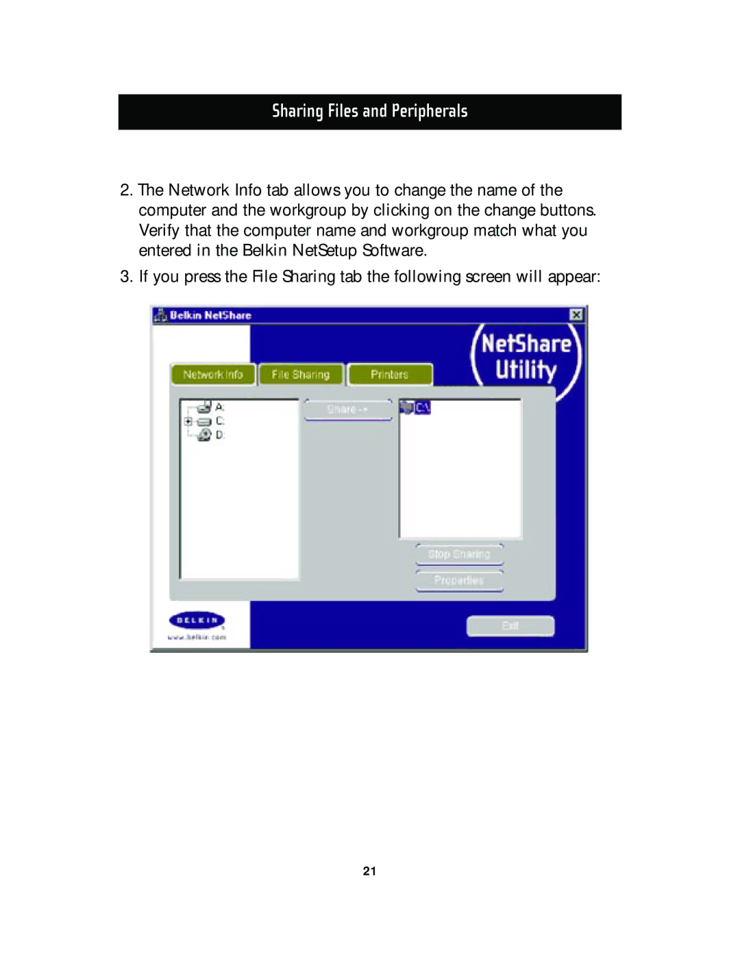 Belkin F5D5130-5, F5D5130-8 manual Sharing Files and Peripherals 