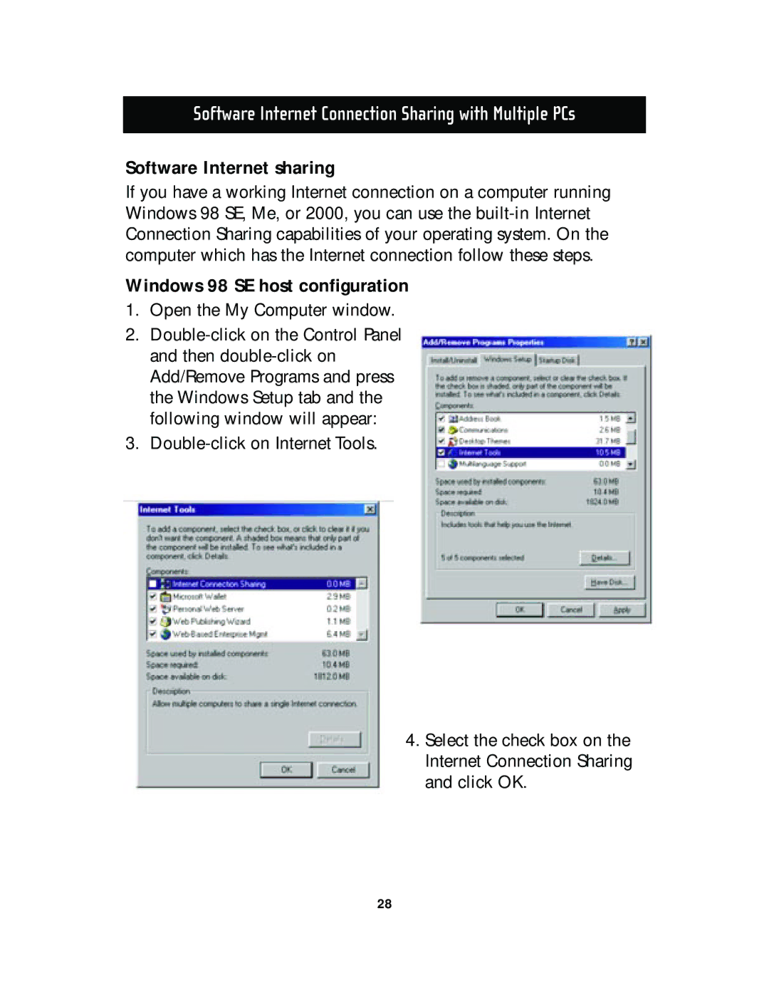 Belkin F5D5130-8, F5D5130-5 manual Software Internet sharing, Windows 98 SE host configuration 