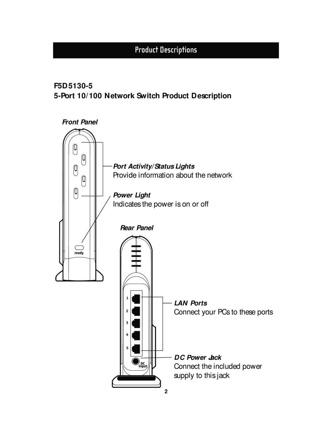 Belkin F5D5130-8 manual Product Descriptions, F5D5130-5 Port 10/100 Network Switch Product Description 