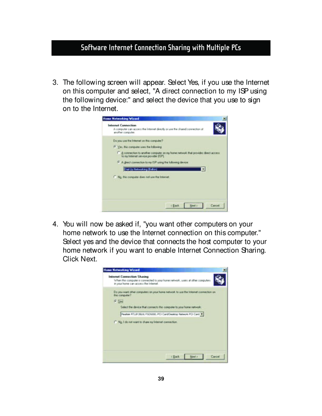 Belkin F5D5130-5, F5D5130-8 manual Software Internet Connection Sharing with Multiple PCs 