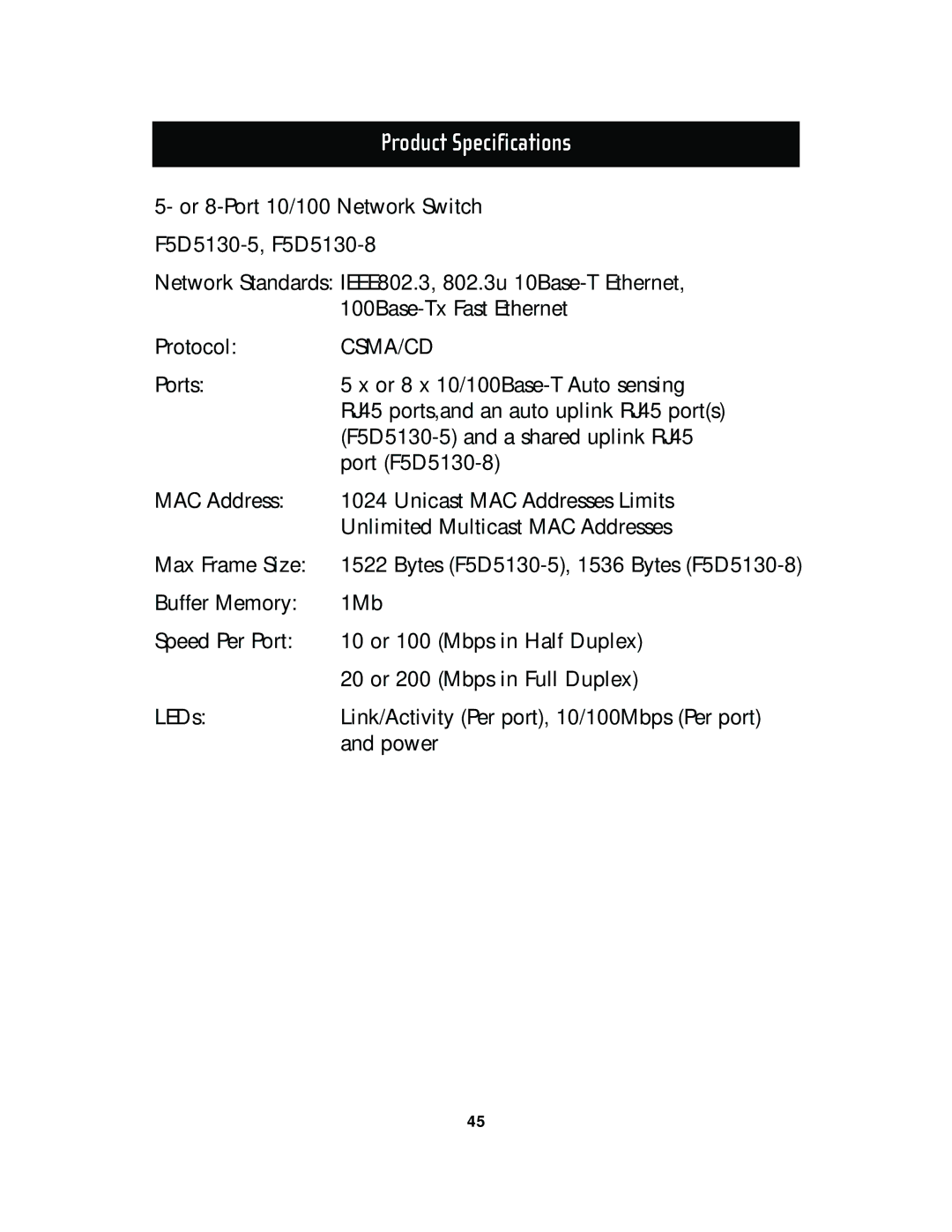 Belkin F5D5130-5, F5D5130-8 manual Product Specifications, Csma/Cd 