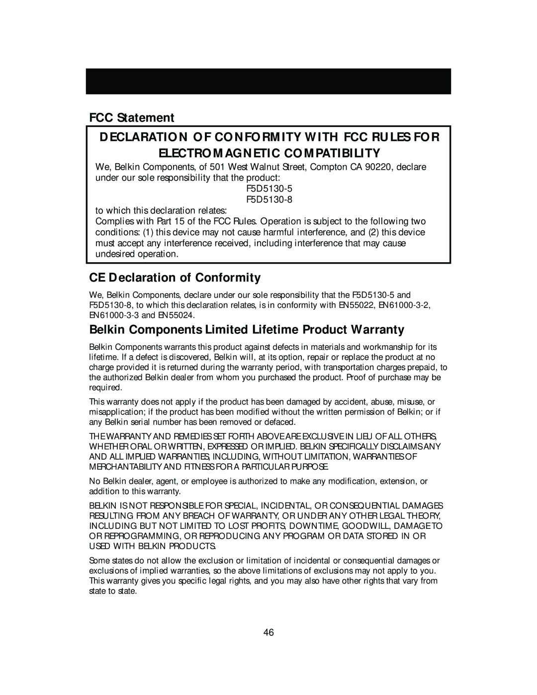 Belkin F5D5130-8 manual FCC Statement, CE Declaration of Conformity, Belkin Components Limited Lifetime Product Warranty 