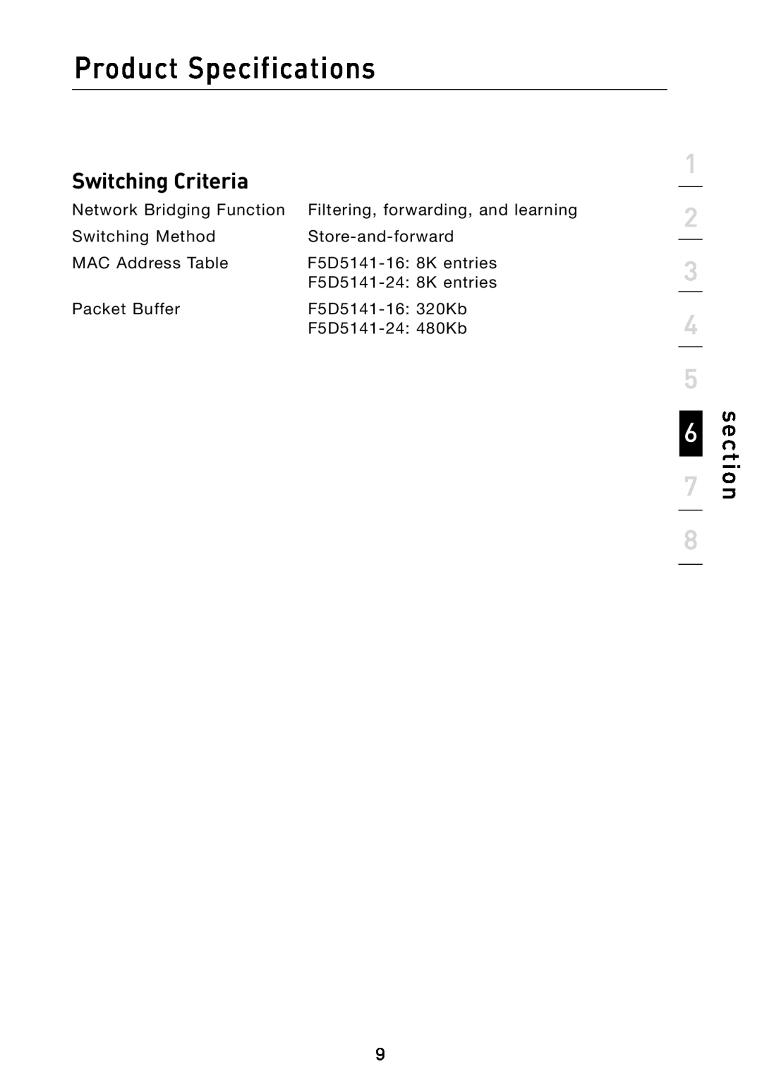 Belkin F5D5141-16, F5D5141-24 manual Switching Criteria, Product Specifications, section 