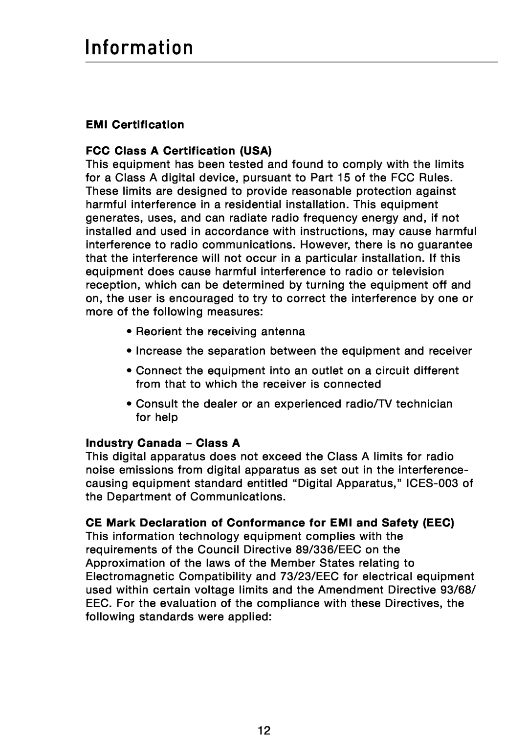 Belkin F5D5141-24, F5D5141-16 manual Information, EMI Certification FCC Class A Certification USA, Industry Canada - Class A 