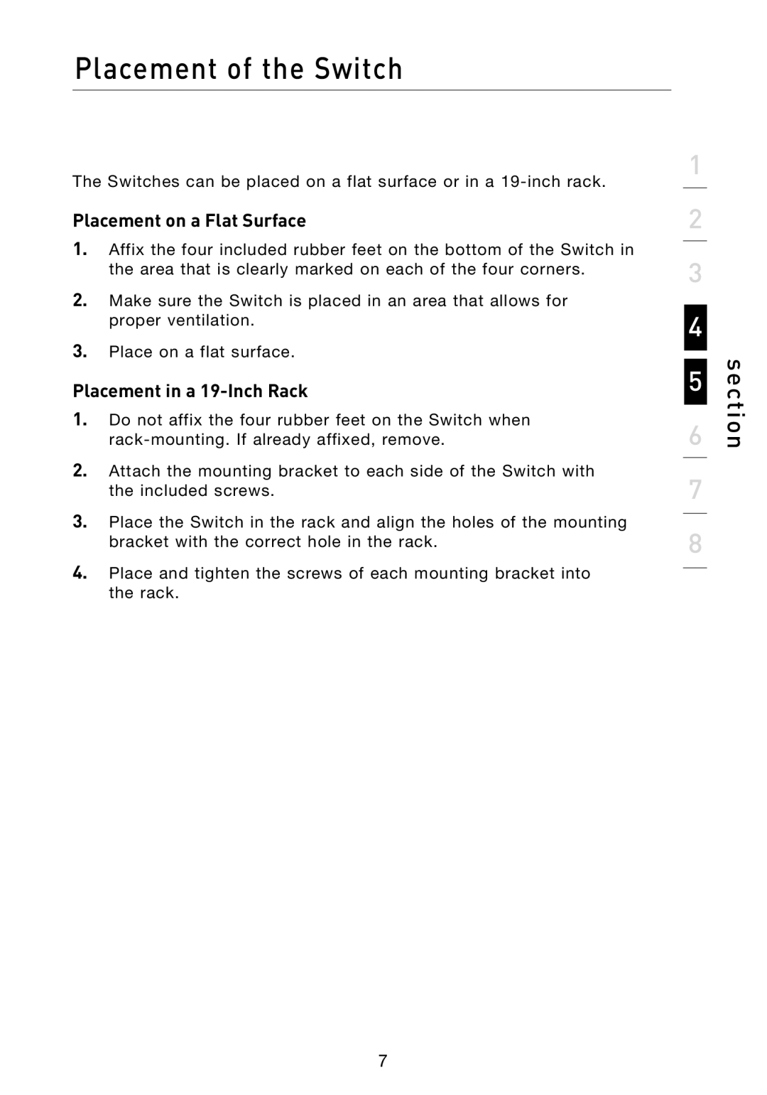 Belkin F5D5141-16, F5D5141-24 manual Placement of the Switch, Placement on a Flat Surface, Placement in a 19-Inch Rack 
