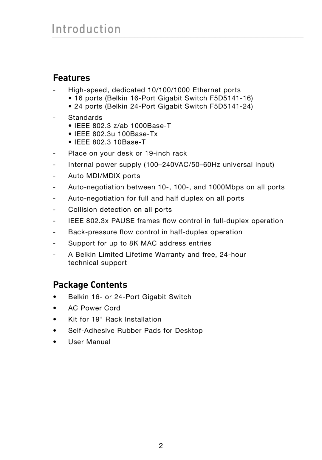 Belkin F5D5141-24, F5D5141-16 manual Features, Package Contents 