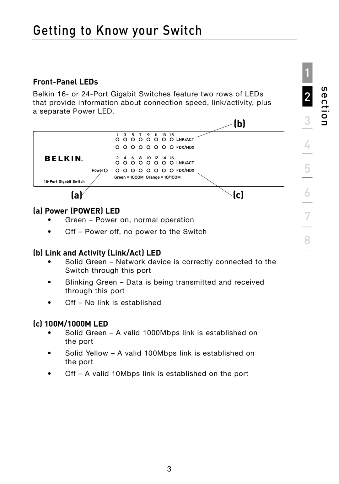 Belkin F5D5141-16 manual Getting to Know your Switch, Front-Panel LEDs, Power Power LED, Link and Activity Link/Act LED 