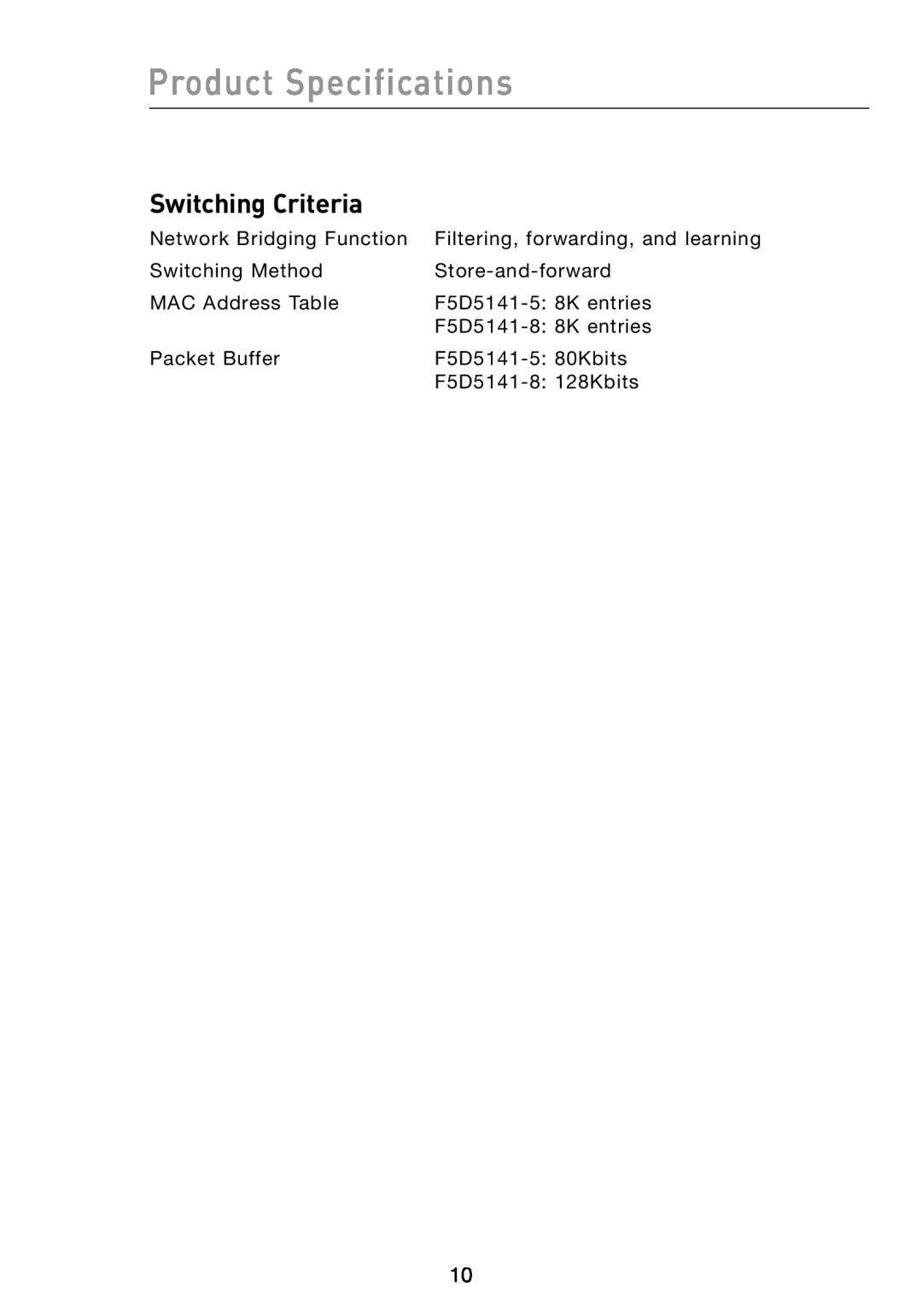 Belkin F5D5141-5 manual Product Specifications, Switching Criteria 