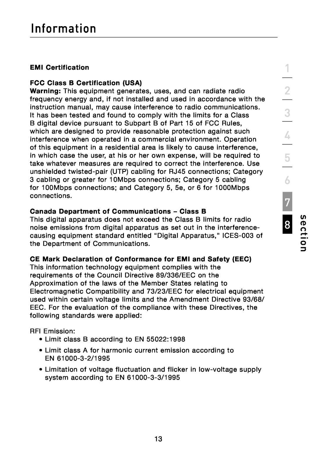 Belkin F5D5141-5 manual Information, section, EMI Certification FCC Class B Certification USA 