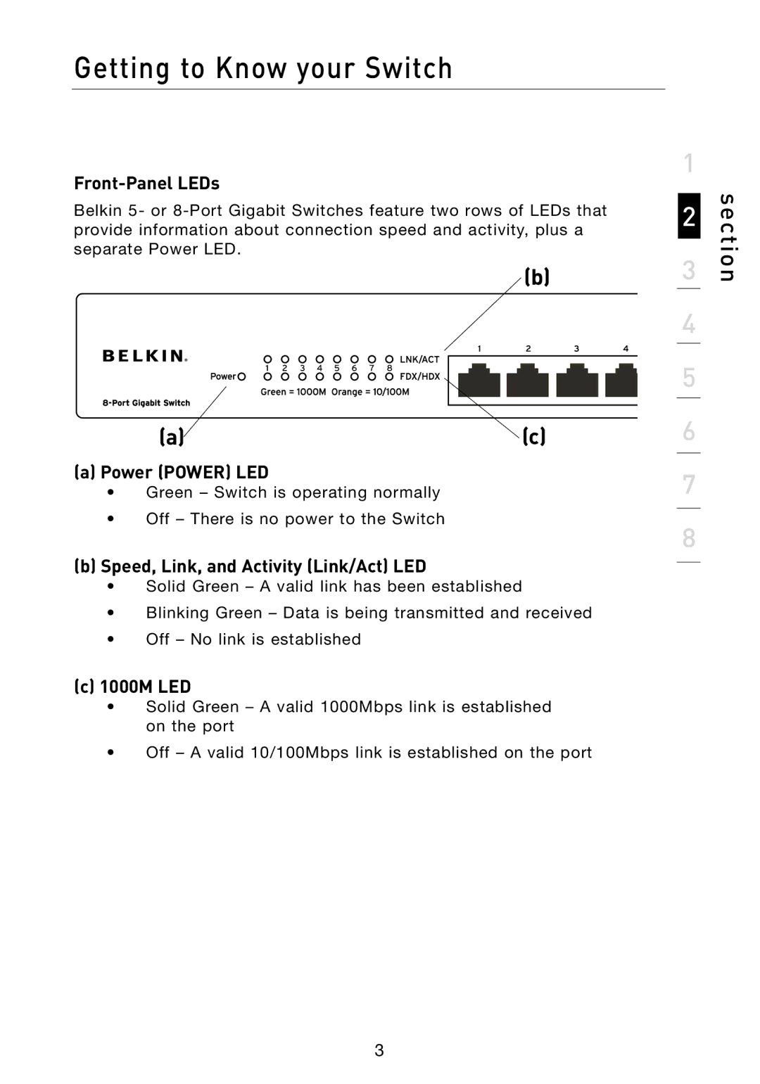 Belkin F5D5141-5 Getting to Know your Switch, Front-Panel LEDs, Power Power LED, Speed, Link, and Activity Link/Act LED 