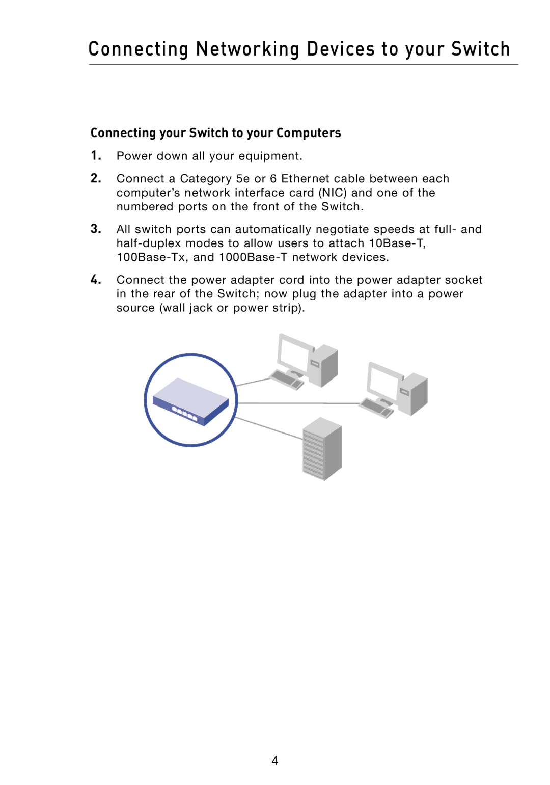 Belkin F5D5141-5 manual Connecting Networking Devices to your Switch, Connecting your Switch to your Computers 