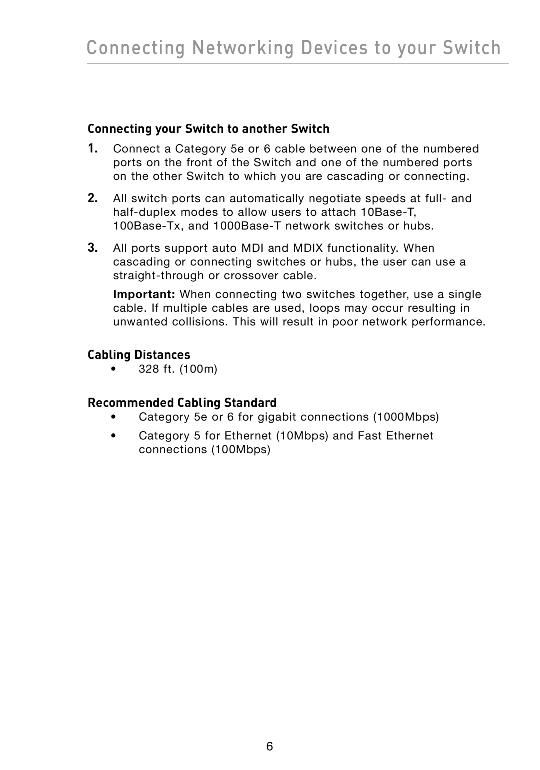 Belkin F5D5141-5 manual Connecting your Switch to another Switch, Cabling Distances, Recommended Cabling Standard 