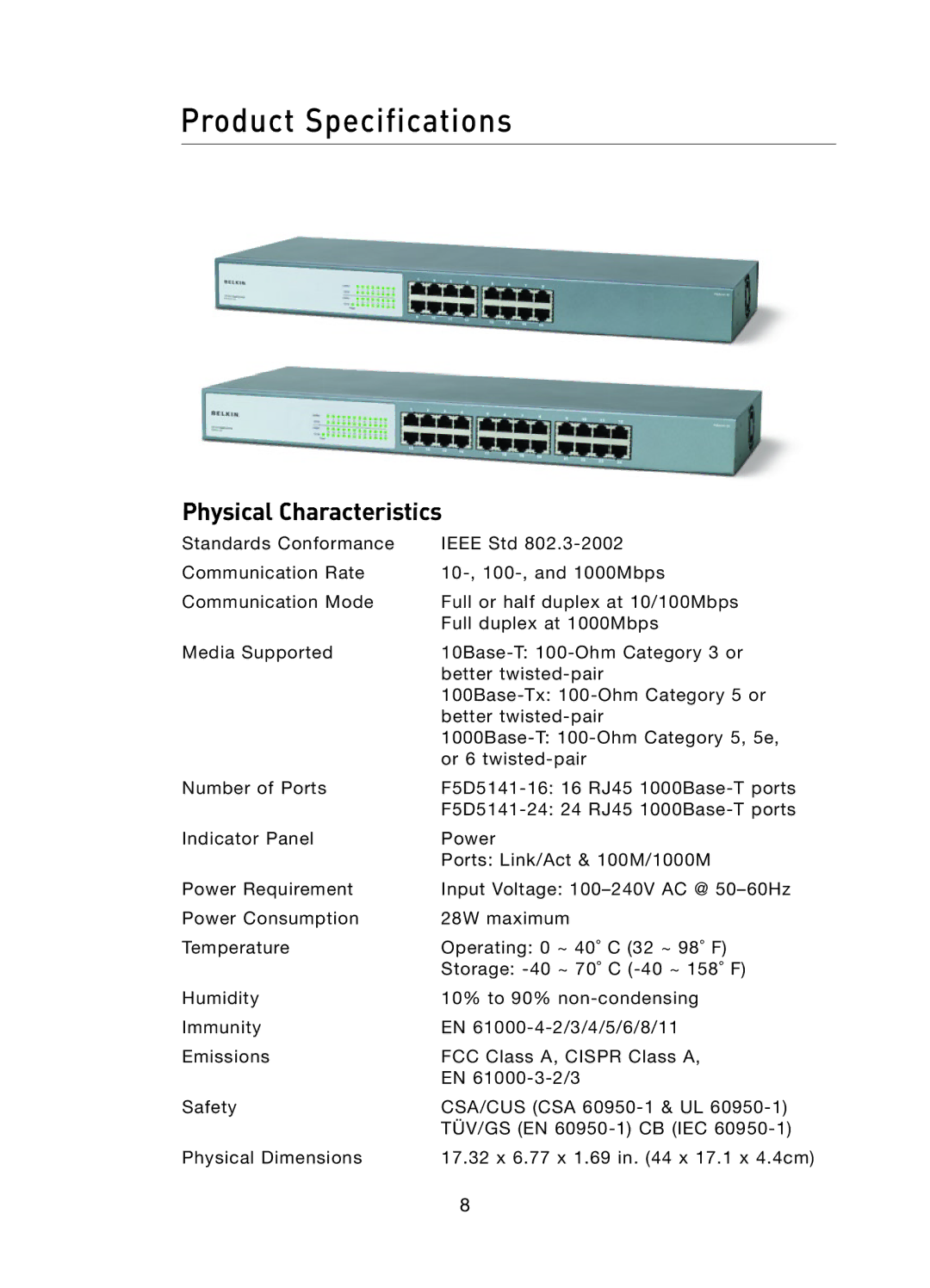 Belkin F5D5141uk16 user manual Product Specifications 