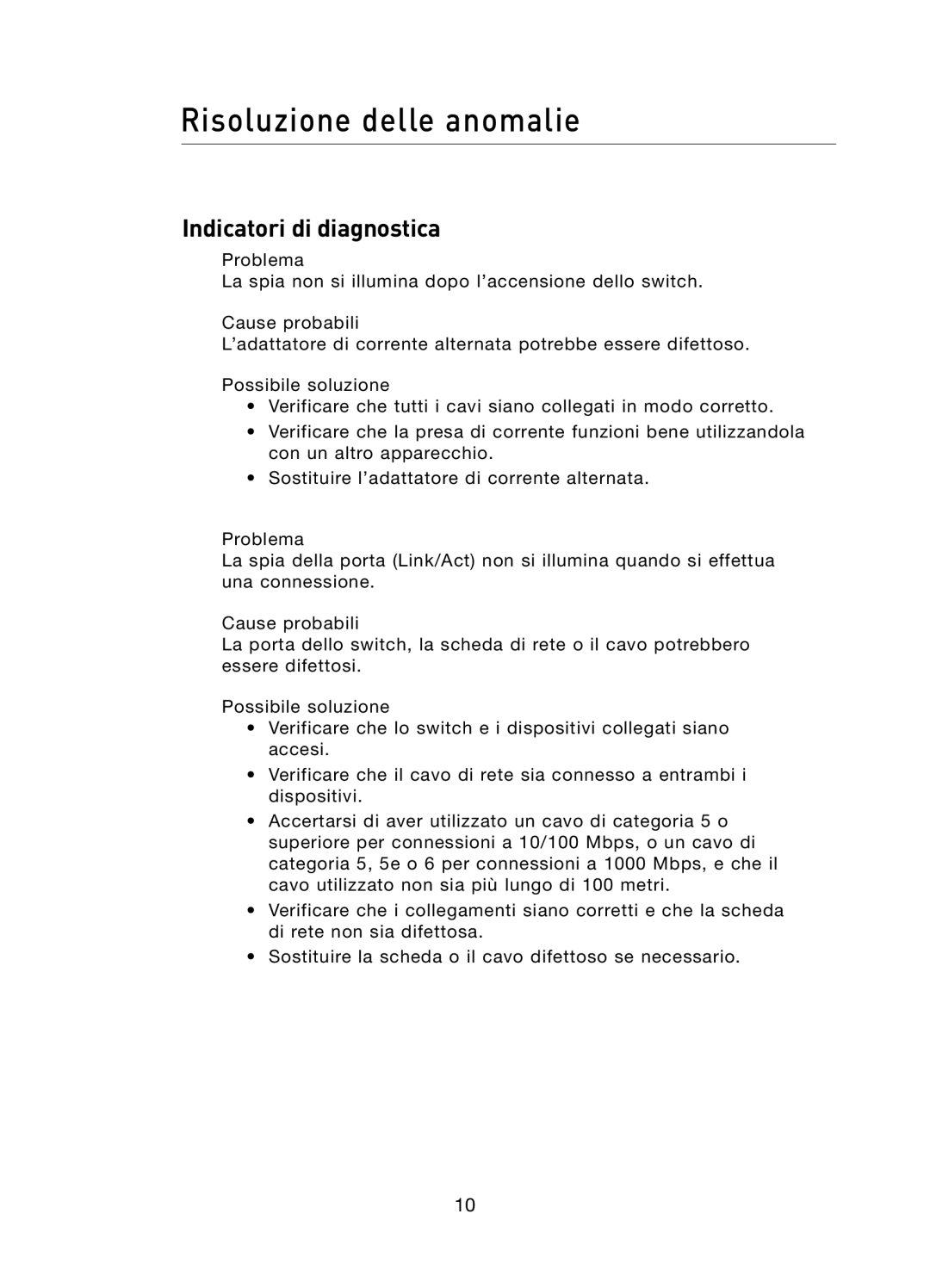 Belkin F5D5141uk16 user manual Risoluzione delle anomalie, Indicatori di diagnostica 