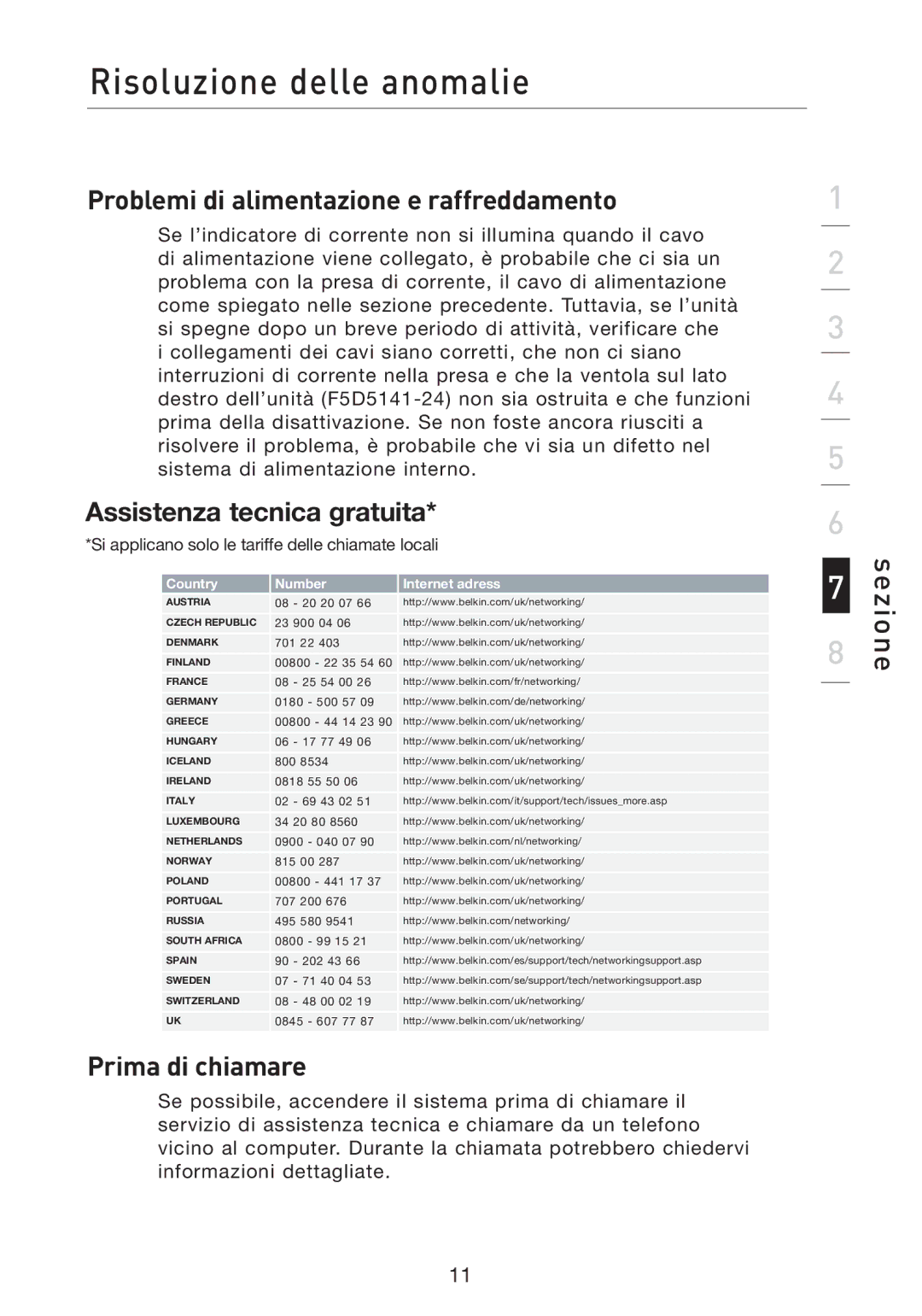 Belkin F5D5141uk16 user manual Problemi di alimentazione e raffreddamento, Assistenza tecnica gratuita, Prima di chiamare 