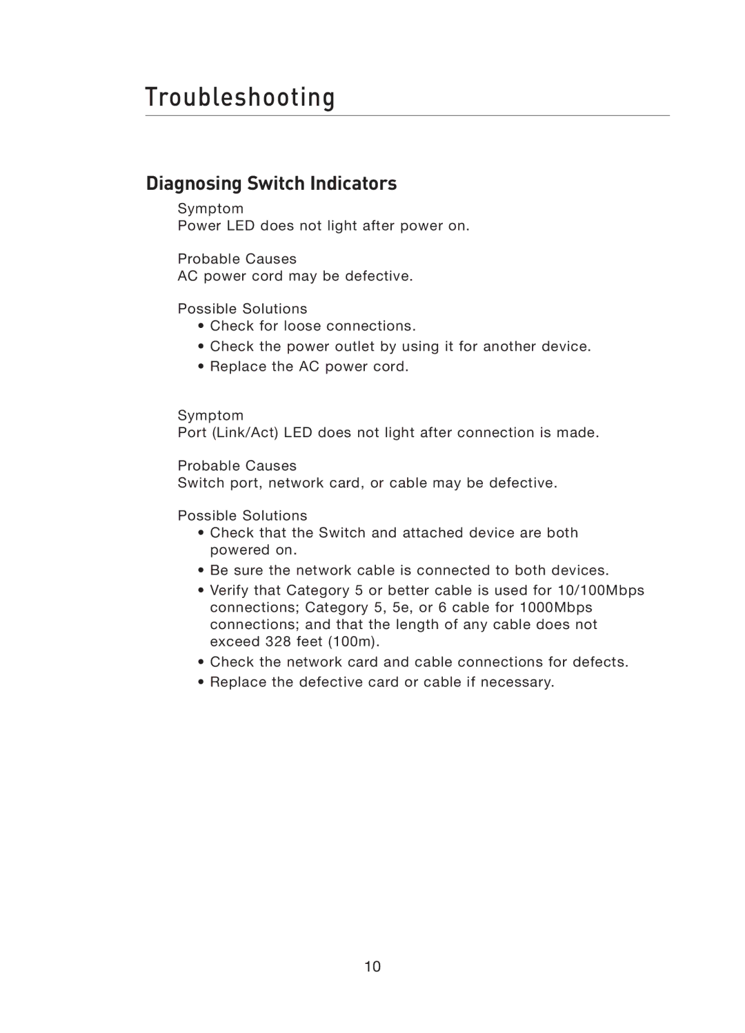 Belkin F5D5141uk16 user manual Troubleshooting, Diagnosing Switch Indicators 