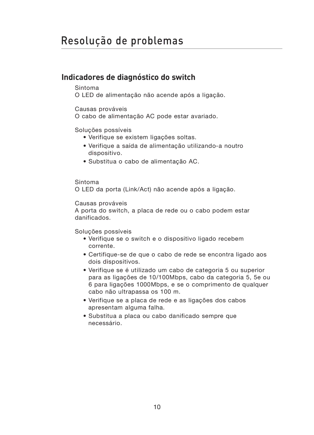 Belkin F5D5141uk16 user manual Resolução de problemas, Indicadores de diagnóstico do switch 