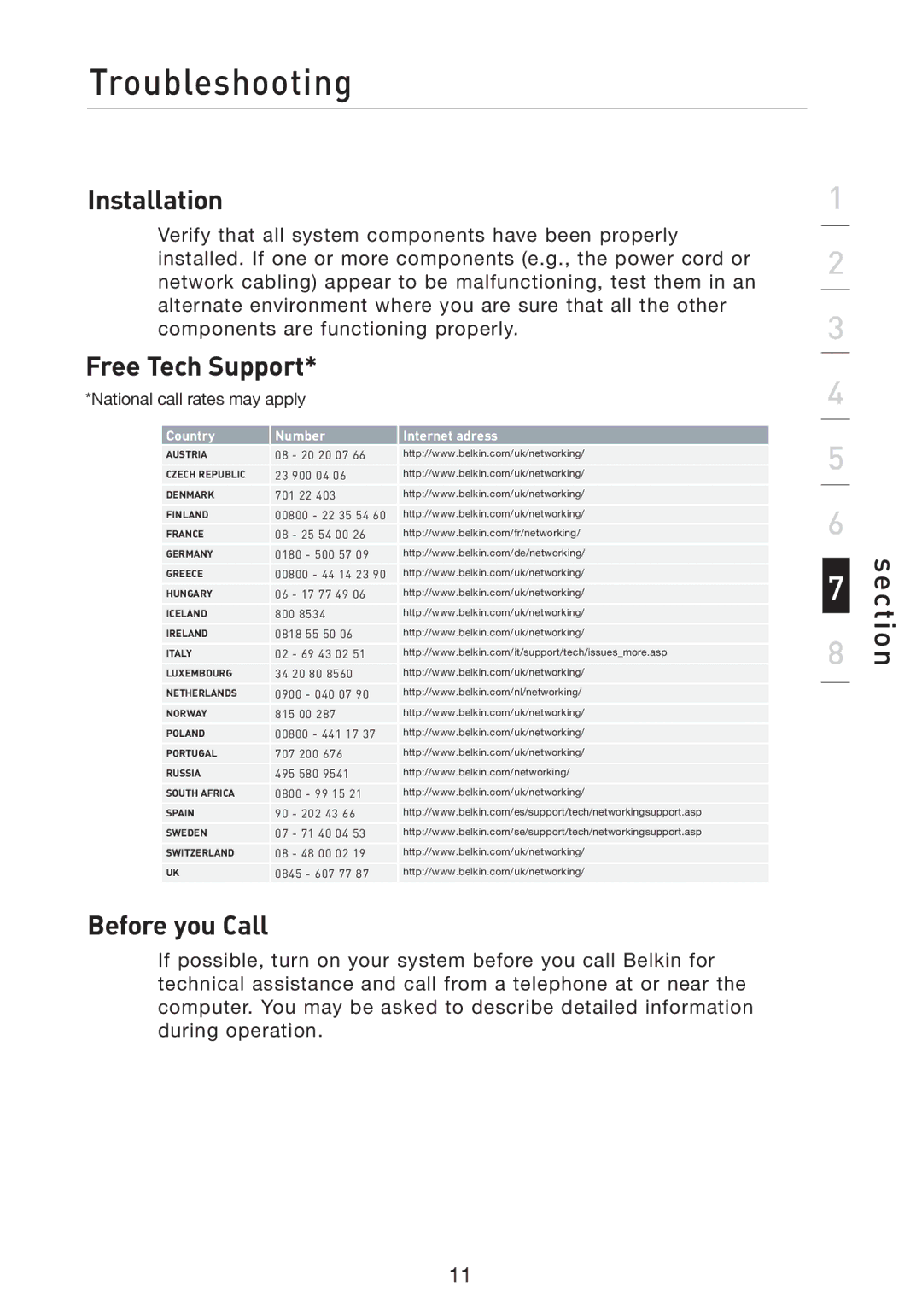 Belkin F5D5141uk16 user manual Installation, Free Tech Support, Before you Call 