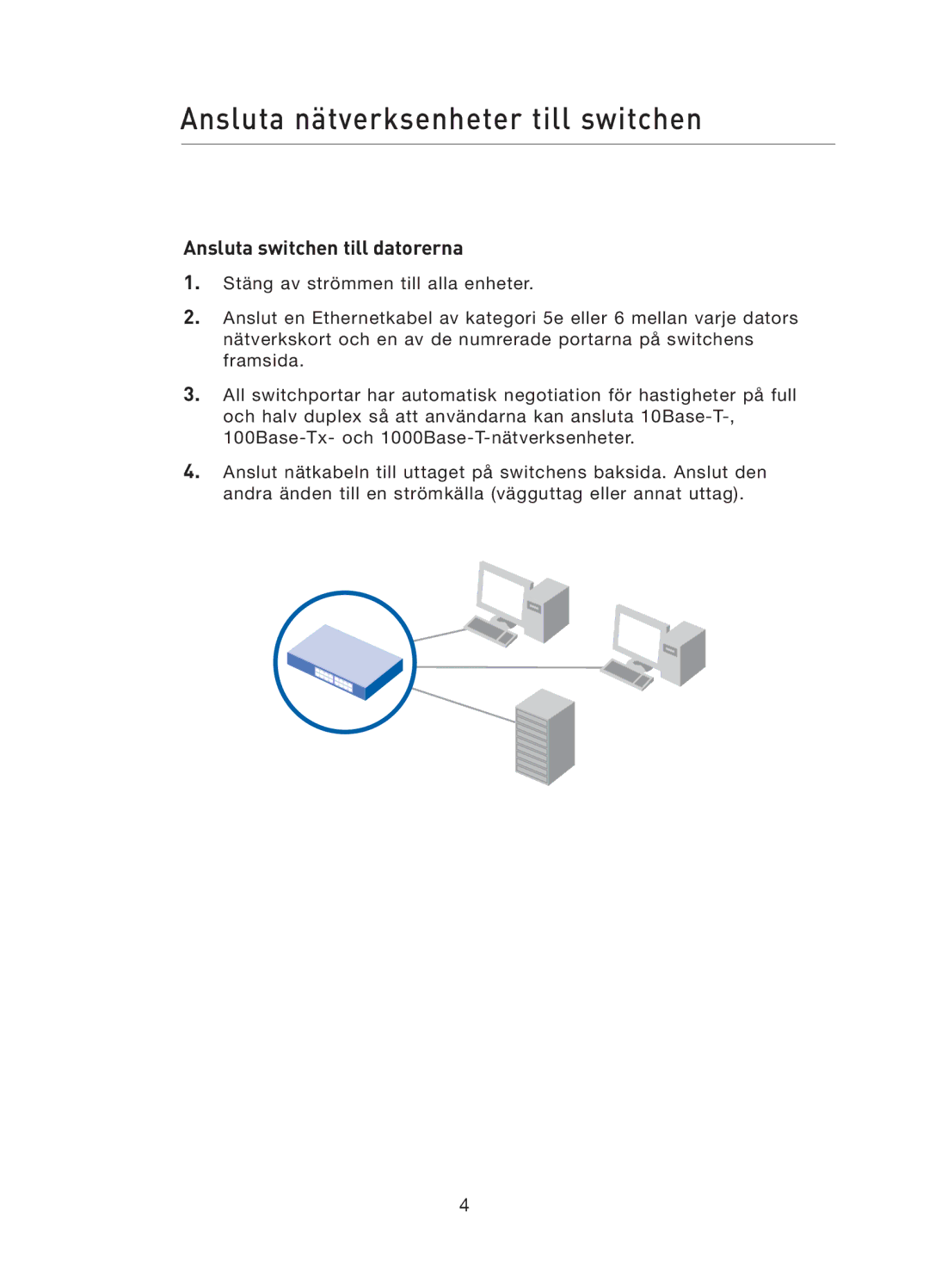 Belkin F5D5141uk16 user manual Ansluta nätverksenheter till switchen, Ansluta switchen till datorerna 