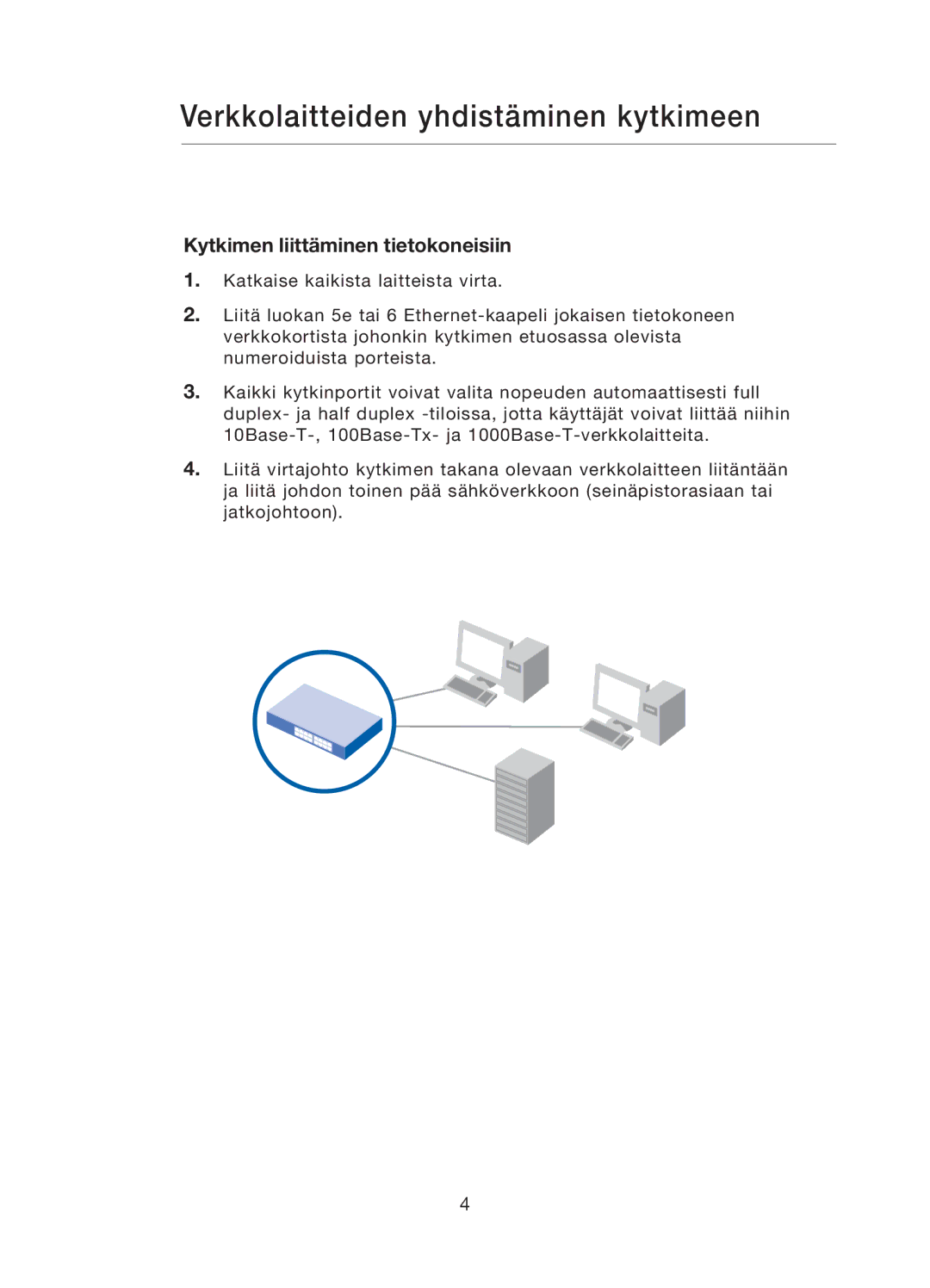 Belkin F5D5141uk16 user manual Verkkolaitteiden yhdistäminen kytkimeen, Kytkimen liittäminen tietokoneisiin 