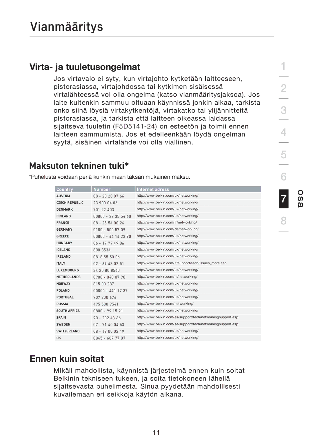 Belkin F5D5141uk16 user manual Virta- ja tuuletusongelmat, Maksuton tekninen tuki, Ennen kuin soitat 