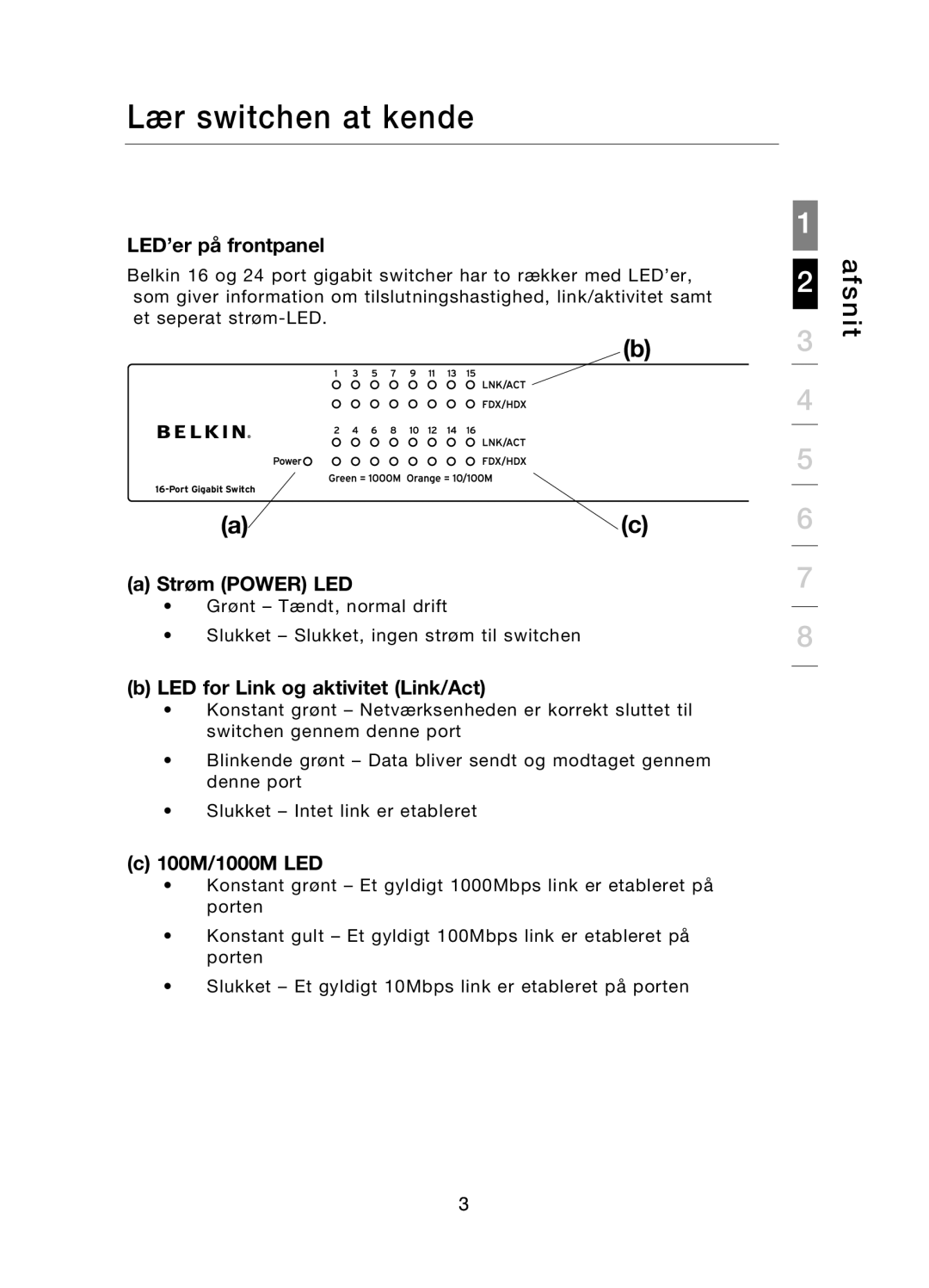 Belkin F5D5141uk16 user manual LED’er på frontpanel, Strøm Power LED, LED for Link og aktivitet Link/Act 