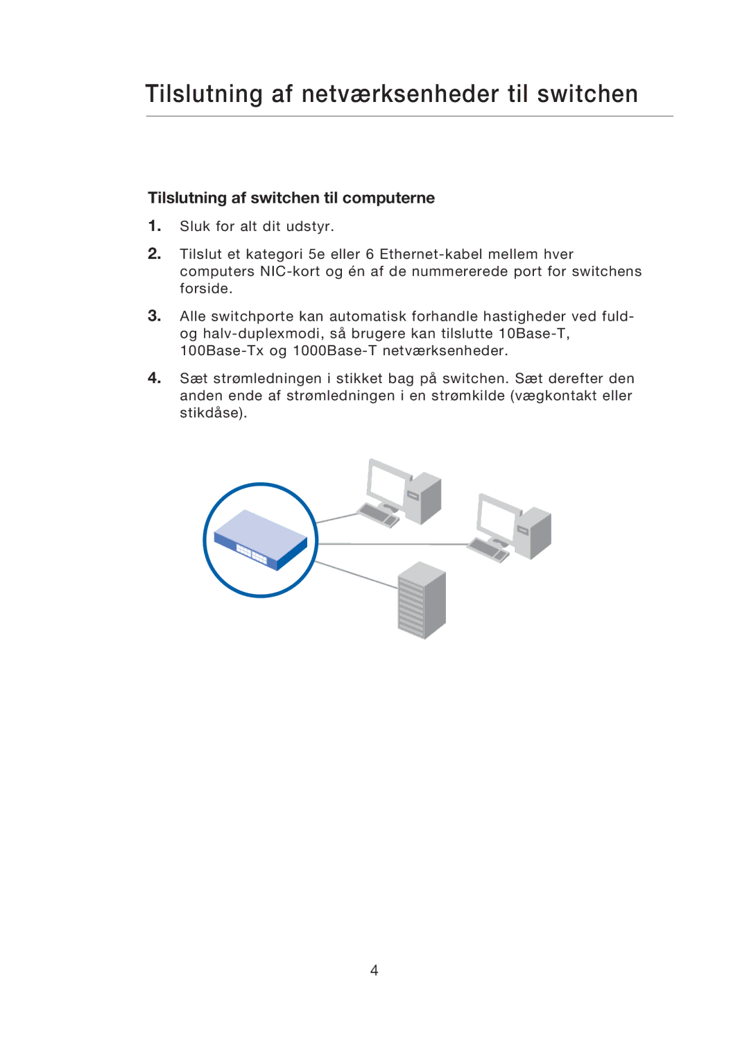 Belkin F5D5141uk16 user manual Tilslutning af netværksenheder til switchen, Tilslutning af switchen til computerne 