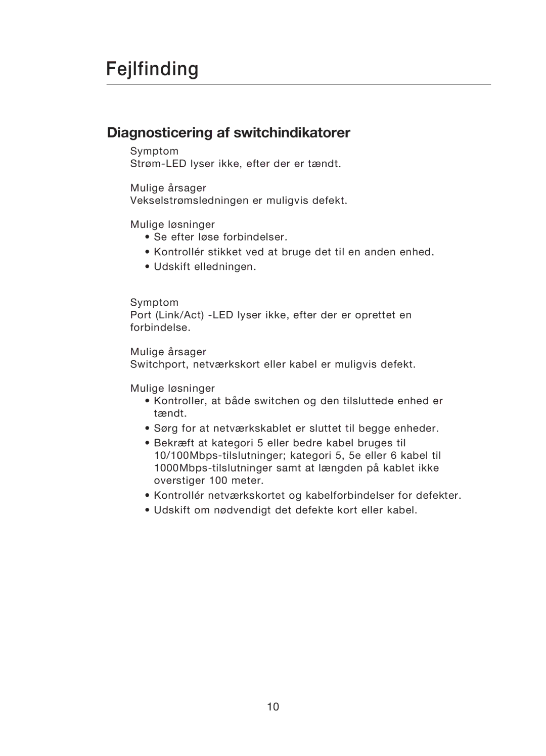 Belkin F5D5141uk16 user manual Fejlfinding, Diagnosticering af switchindikatorer 