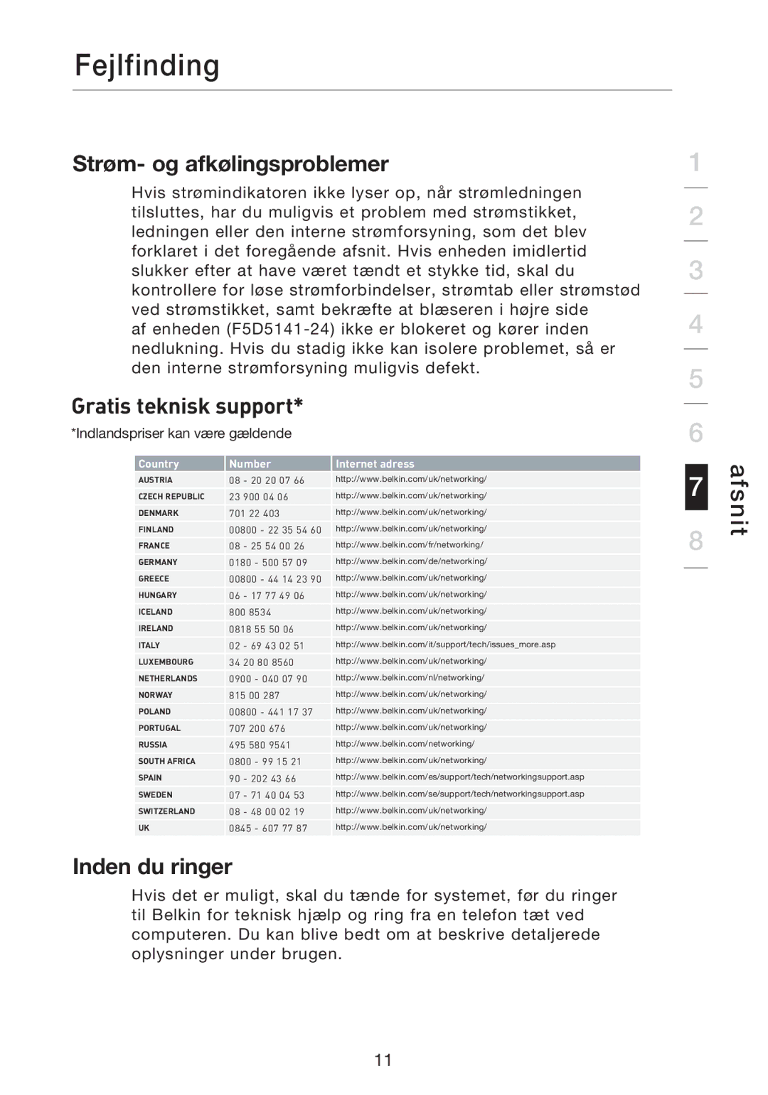 Belkin F5D5141uk16 user manual Strøm- og afkølingsproblemer, Gratis teknisk support, Inden du ringer 