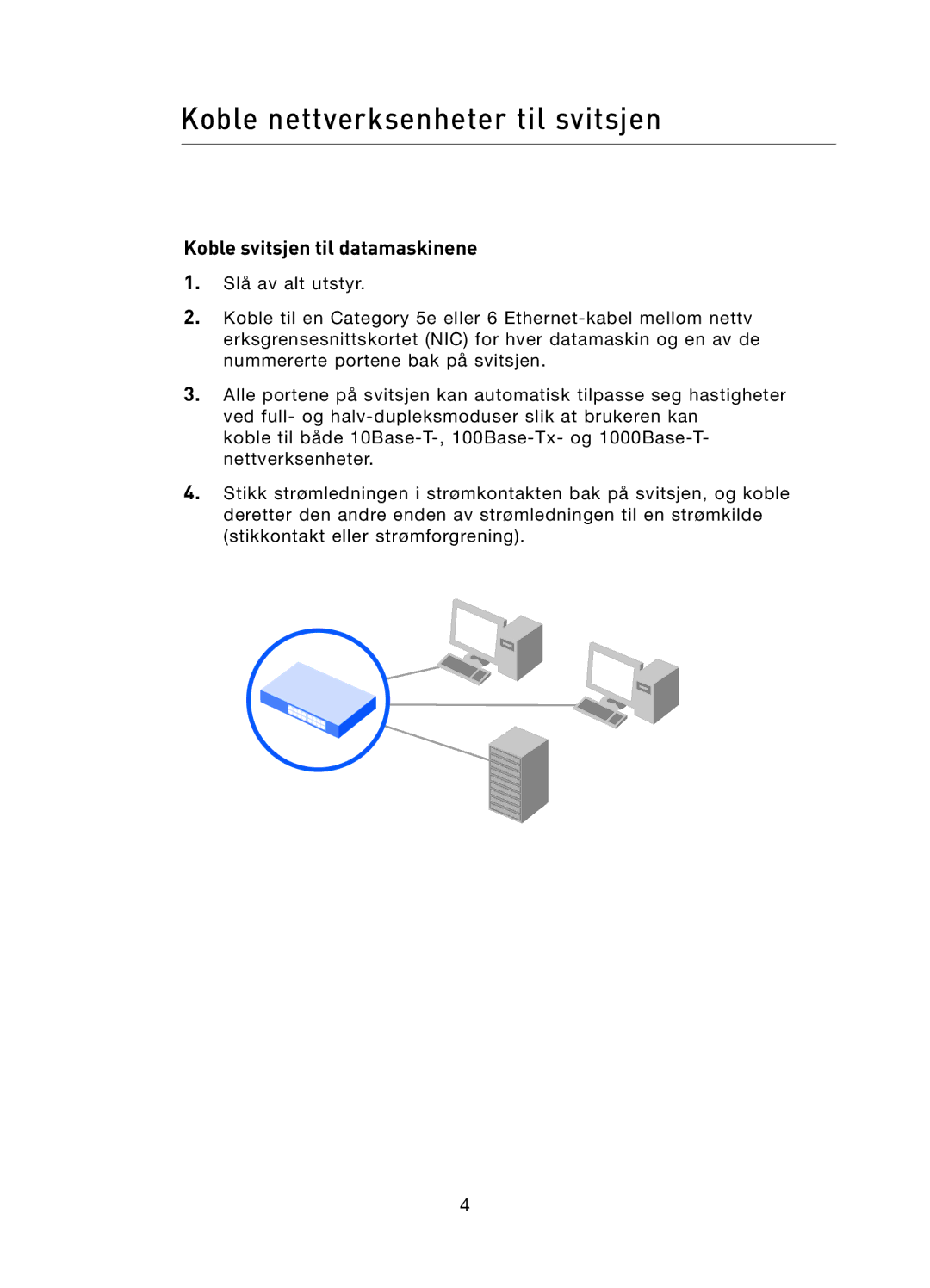 Belkin F5D5141uk16 user manual Koble nettverksenheter til svitsjen, Koble svitsjen til datamaskinene 