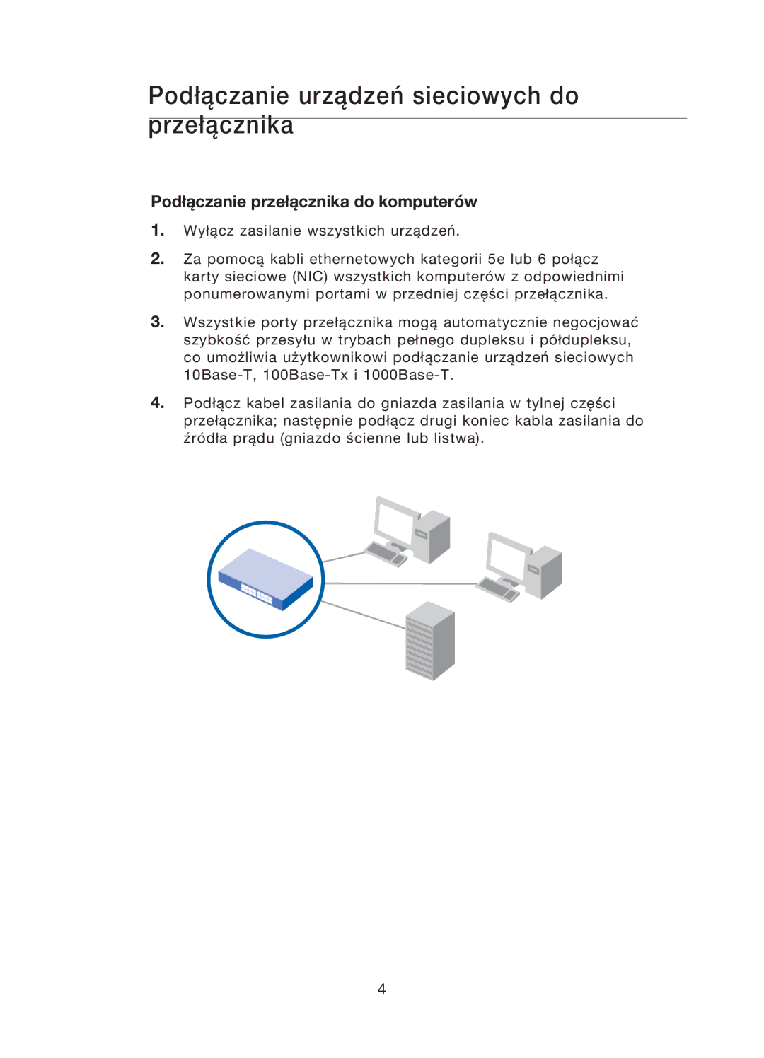 Belkin F5D5141uk16 user manual Podłączanie urządzeń sieciowych do przełącznika, Podłączanie przełącznika do komputerów 