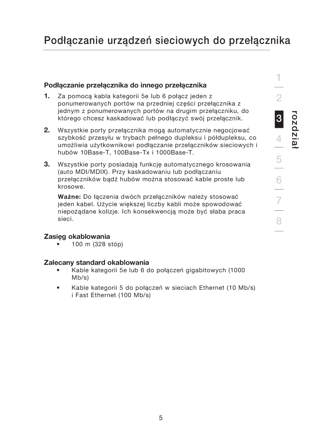 Belkin F5D5141uk16 Podłączanie przełącznika do innego przełącznika, Zasięg okablowania, Zalecany standard okablowania 