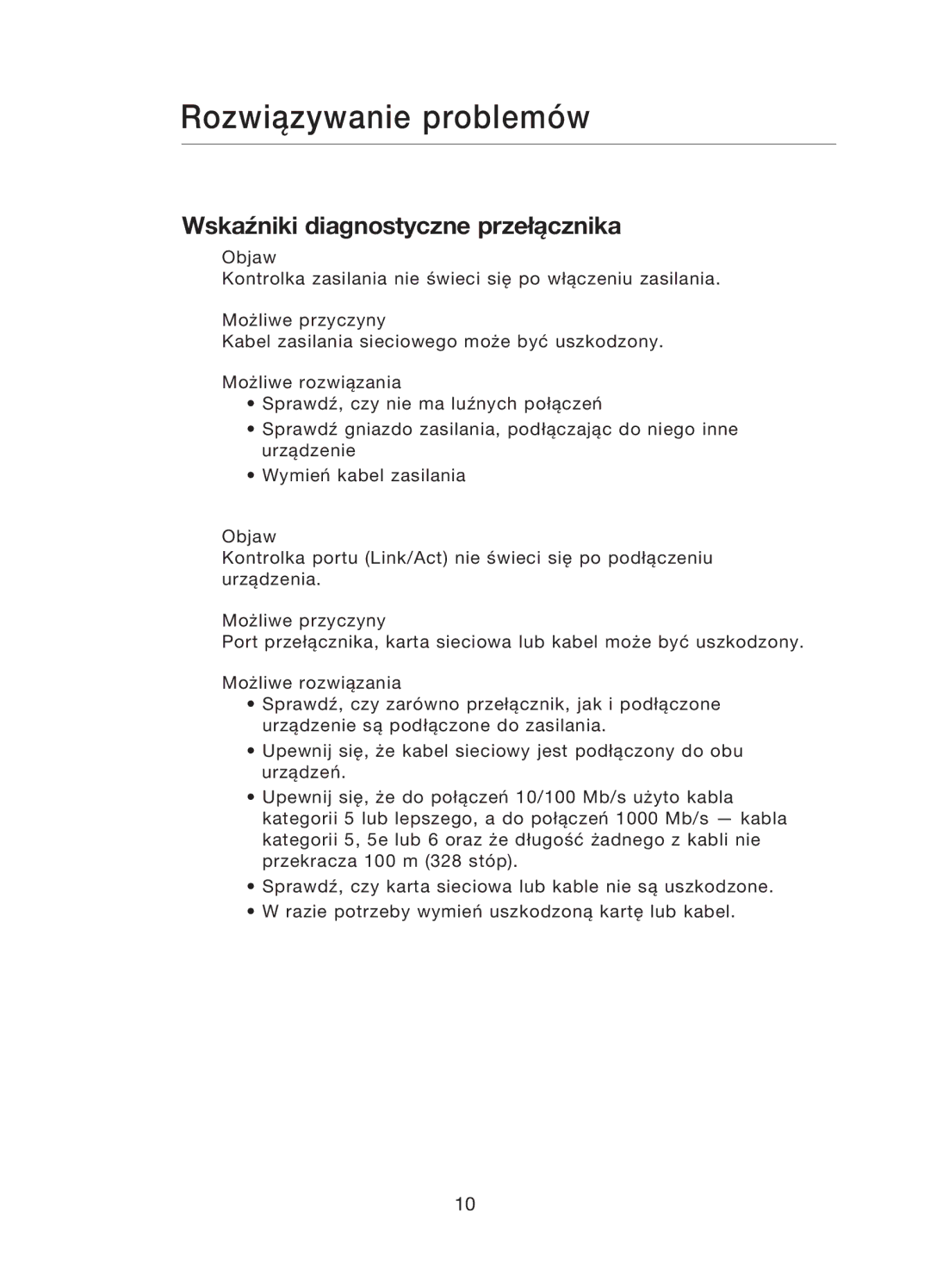 Belkin F5D5141uk16 user manual Rozwiązywanie problemów, Wskaźniki diagnostyczne przełącznika 